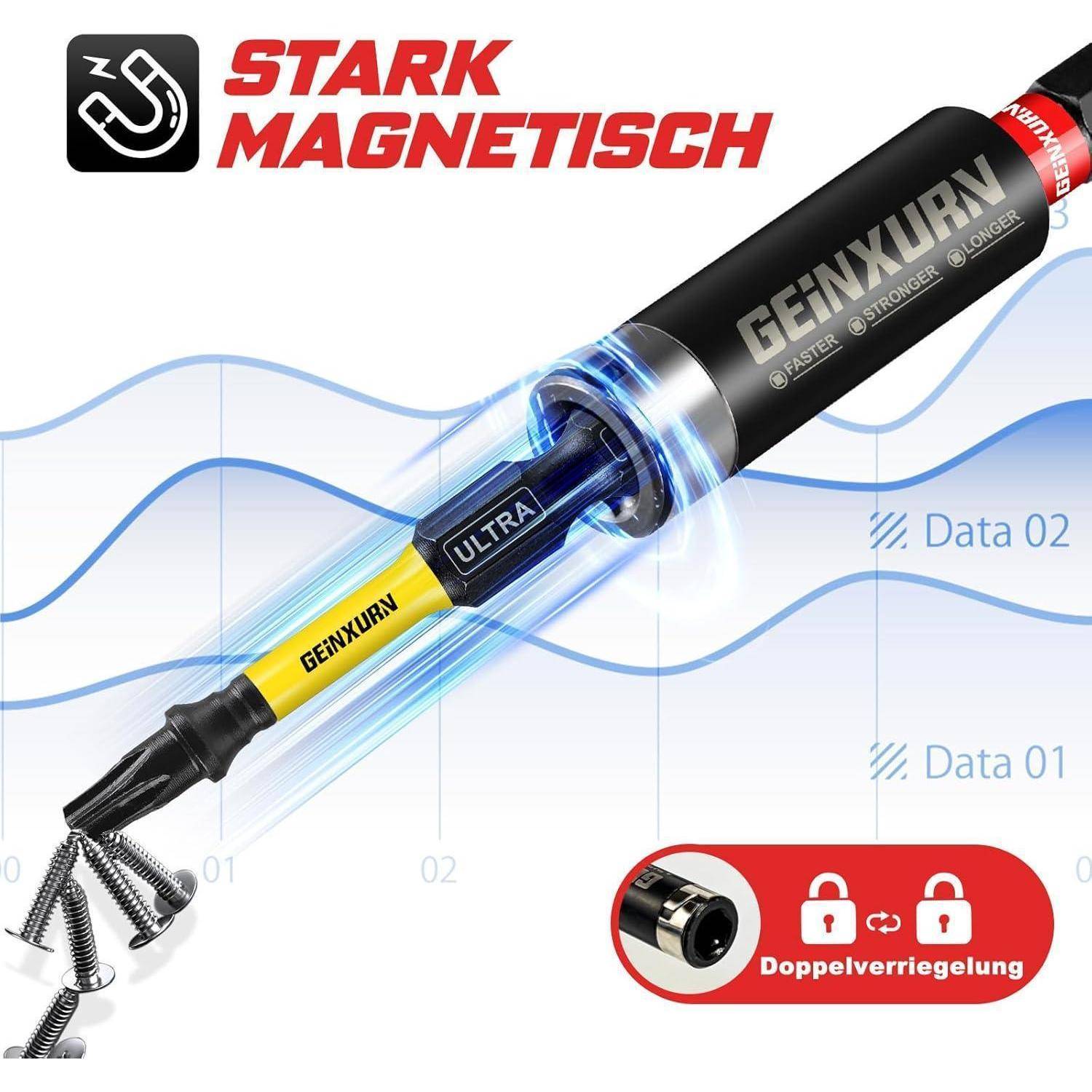 Angebot für ein Magnetschraubendreherset mit Bezeichnung 'STARK MAGNETISCH' und 'GEINXUNY', das Schrauben an der Spitze zeigt und eine Sicherungsverriegelung 'Doppelverriegelung' aufweist.