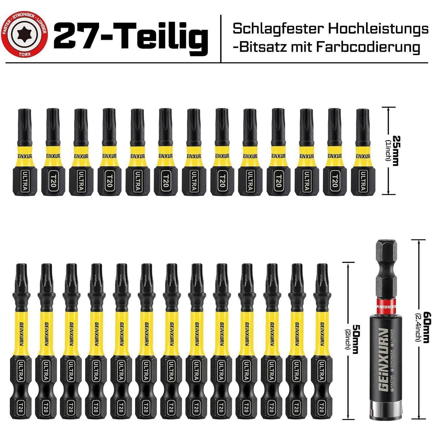 Produktabbildung eines 27-teiligen Impact-Schrauberbits-Sets mit farbcodierten Bändern, mit 25mm und 50mm Bits und einem 60mm Magnetbit-Halter.