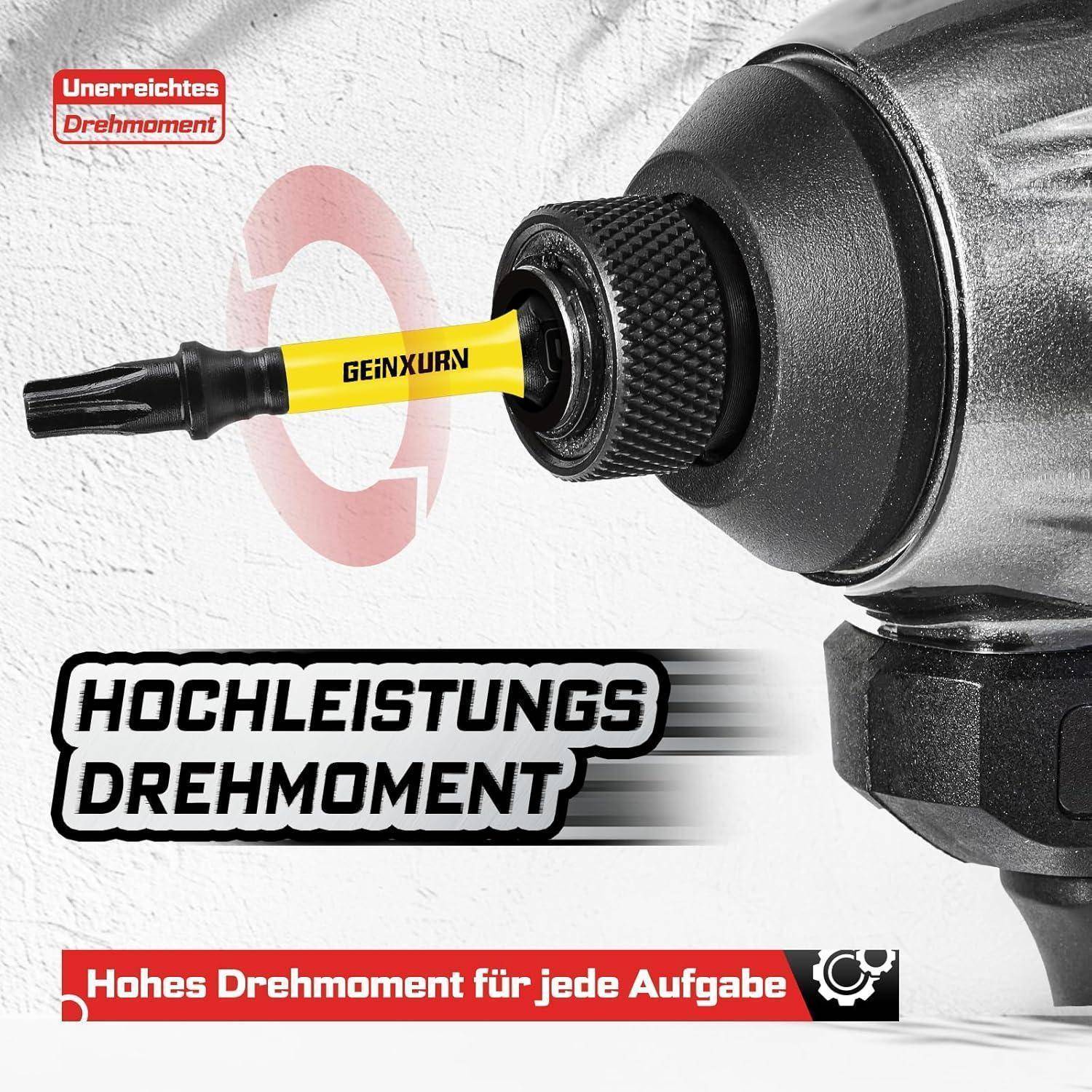 Nahaufnahme eines Bohrfutters, das einen gelben Bohrer hält, mit deutschem Text, der hohes Drehmoment bewirbt und vor unzureichendem Drehmoment warnt.