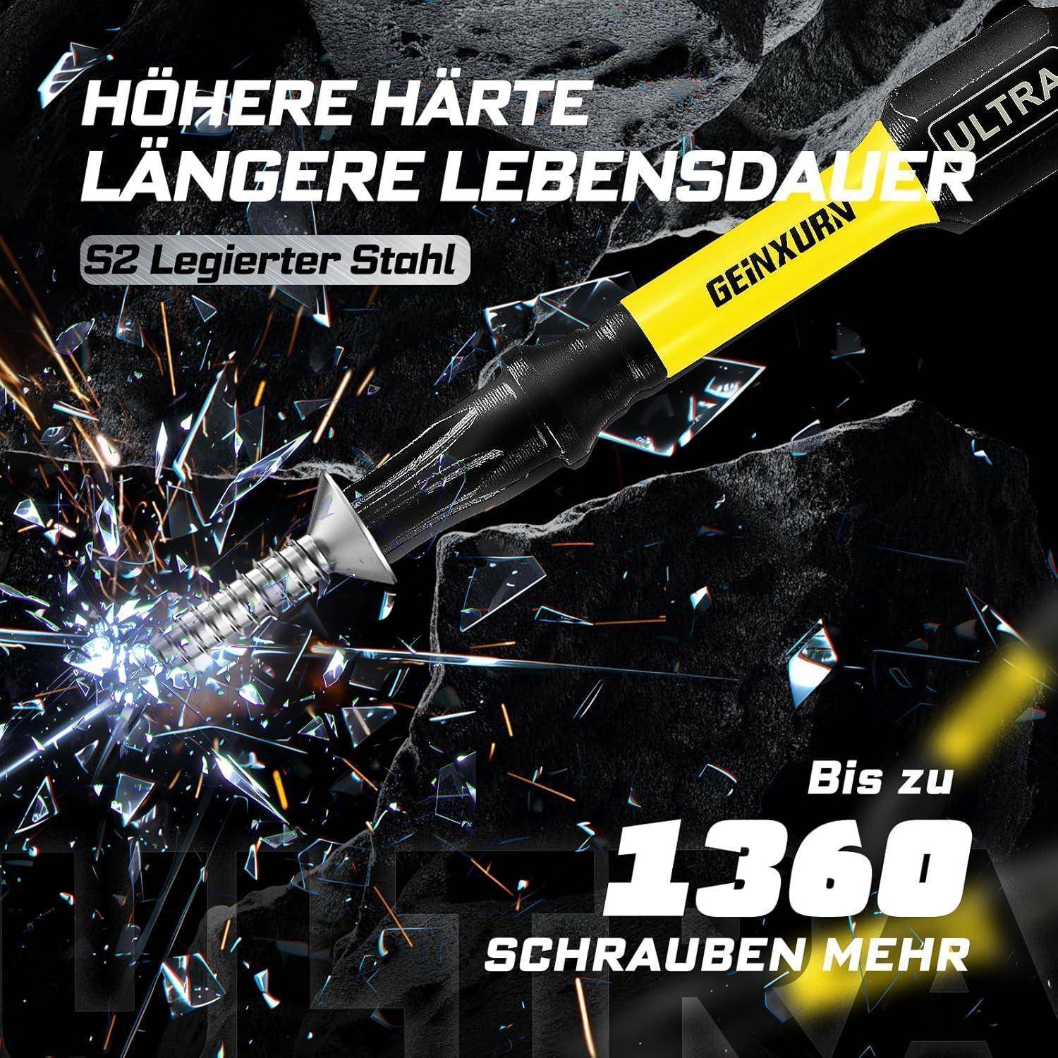 Anzeige für eine GeiNxurv-Schraube aus Legierungsstahl, die einen Bohrer mit Funken und zersplittertem Metall zeigt; der Text sagt höhere Härte, längere Lebensdauer und 