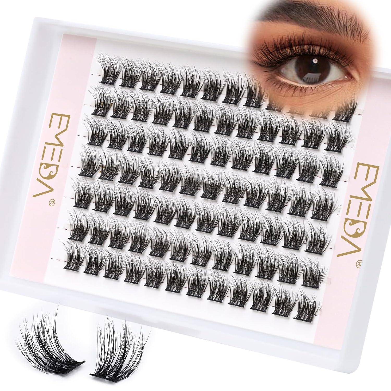 Verpackter Kunstwimpernsatz mit mehreren Wimpernstreifen und eine Nahaufnahme eines Auges, das die angebrachten Wimpern zeigt.