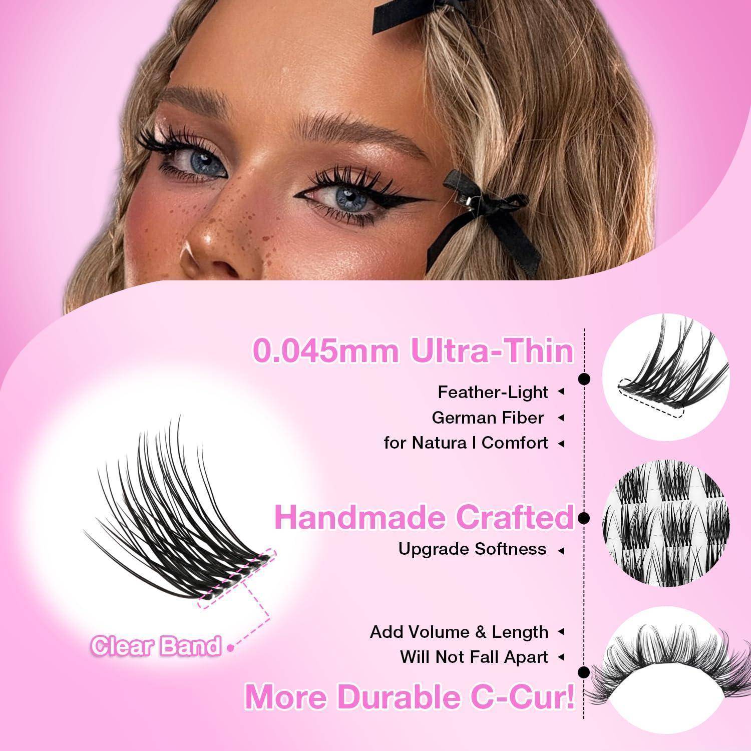 Rosa Aktionsgrafik für künstliche Wimpern mit dem Auge einer Frau und Wimpernstreifen, mit Text, der die Merkmale 