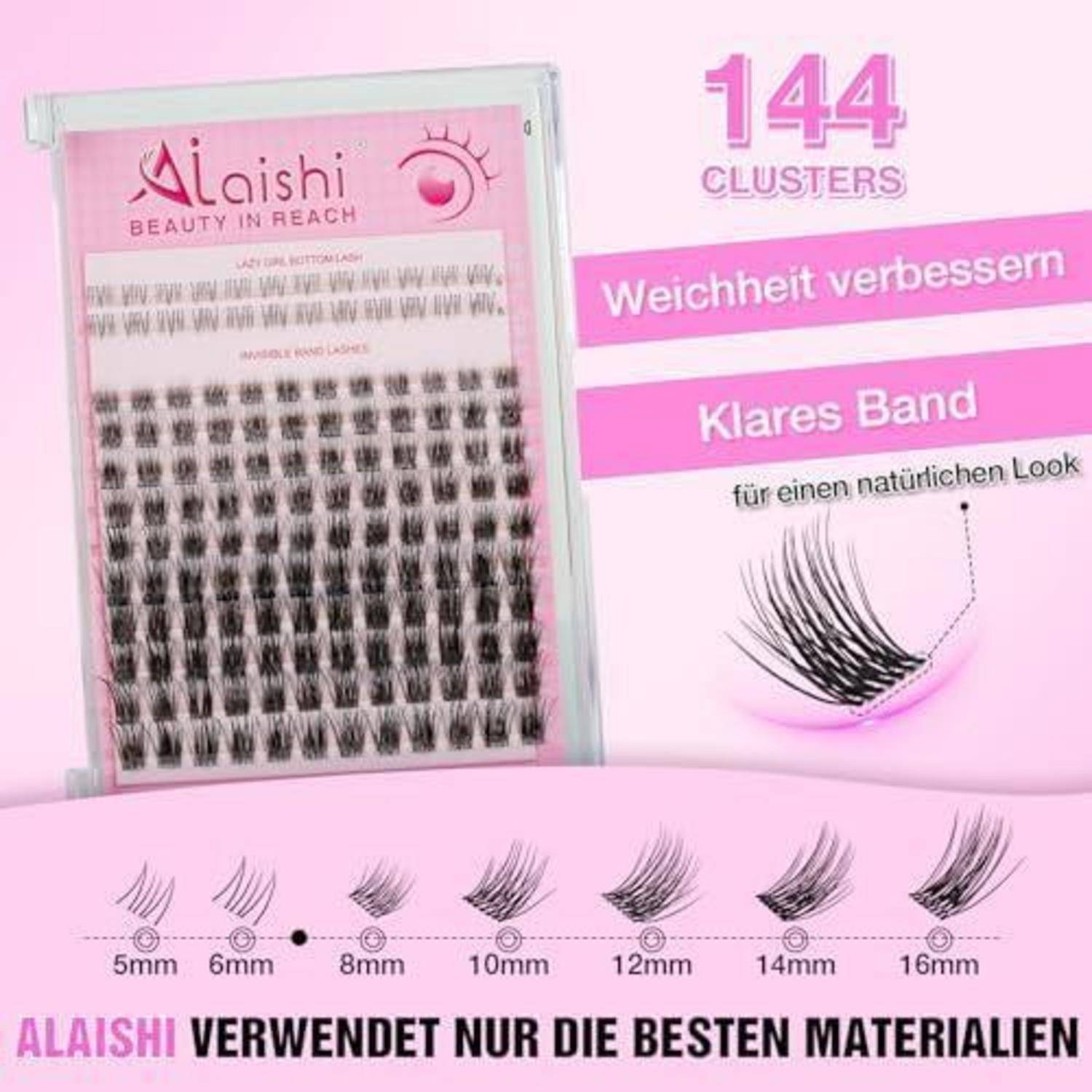 Rosa Alaishi falsche Wimperncluster-Paket mit 144 Clustern; deutscher Text besagt verbesserte Weichheit, transparentes Band, natürliches Aussehen und Größen von 5 mm bis 16 mm.