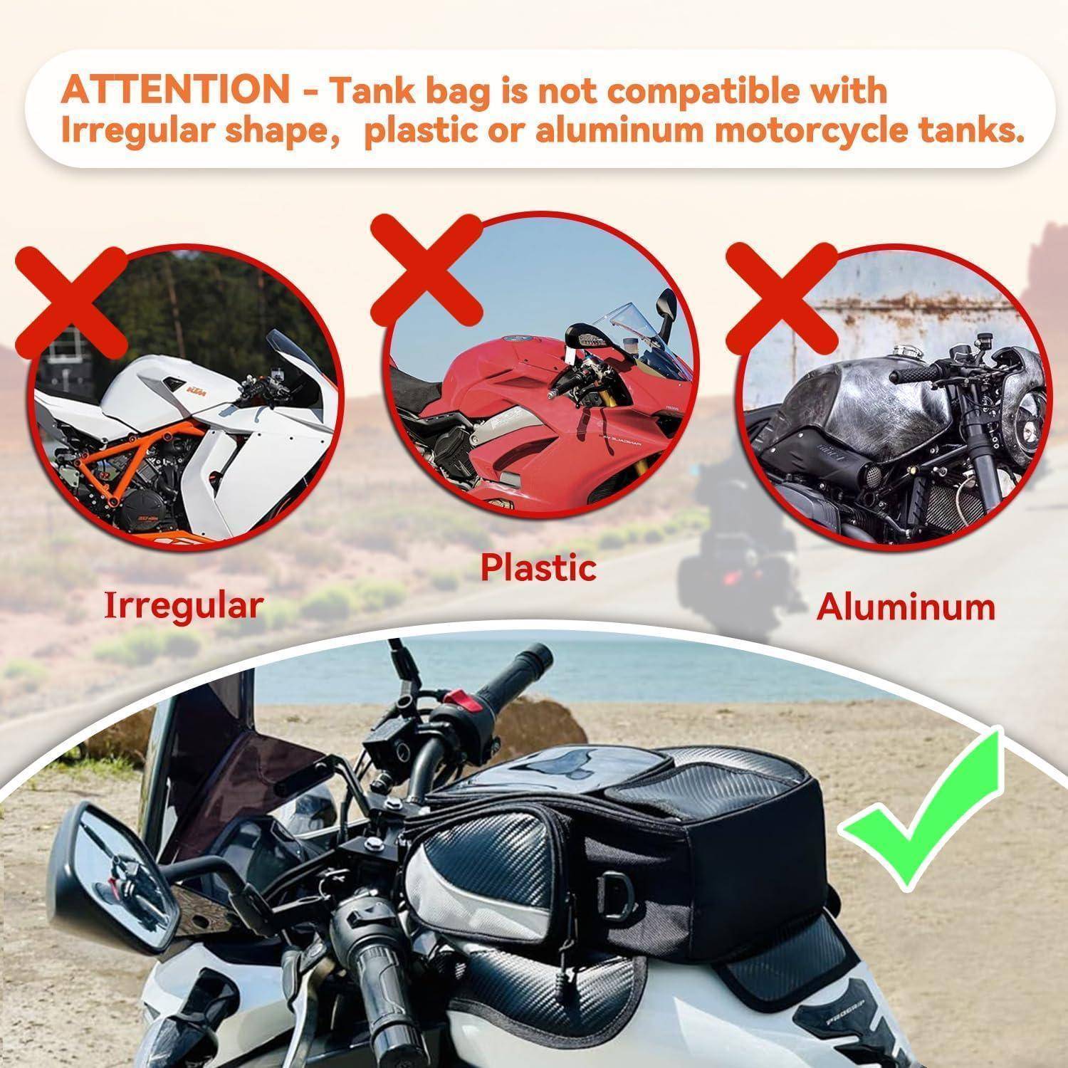 Warnung: Grafik zeigt, dass eine Motorrad-Tanktatsche nicht mit unregelmäßigen, kunststoff- oder aluminiumbeschichteten Tanks kompatibel ist; eine Tanktatsche auf einem Standard-Tank ist als akzeptabel gekennzeichnet.