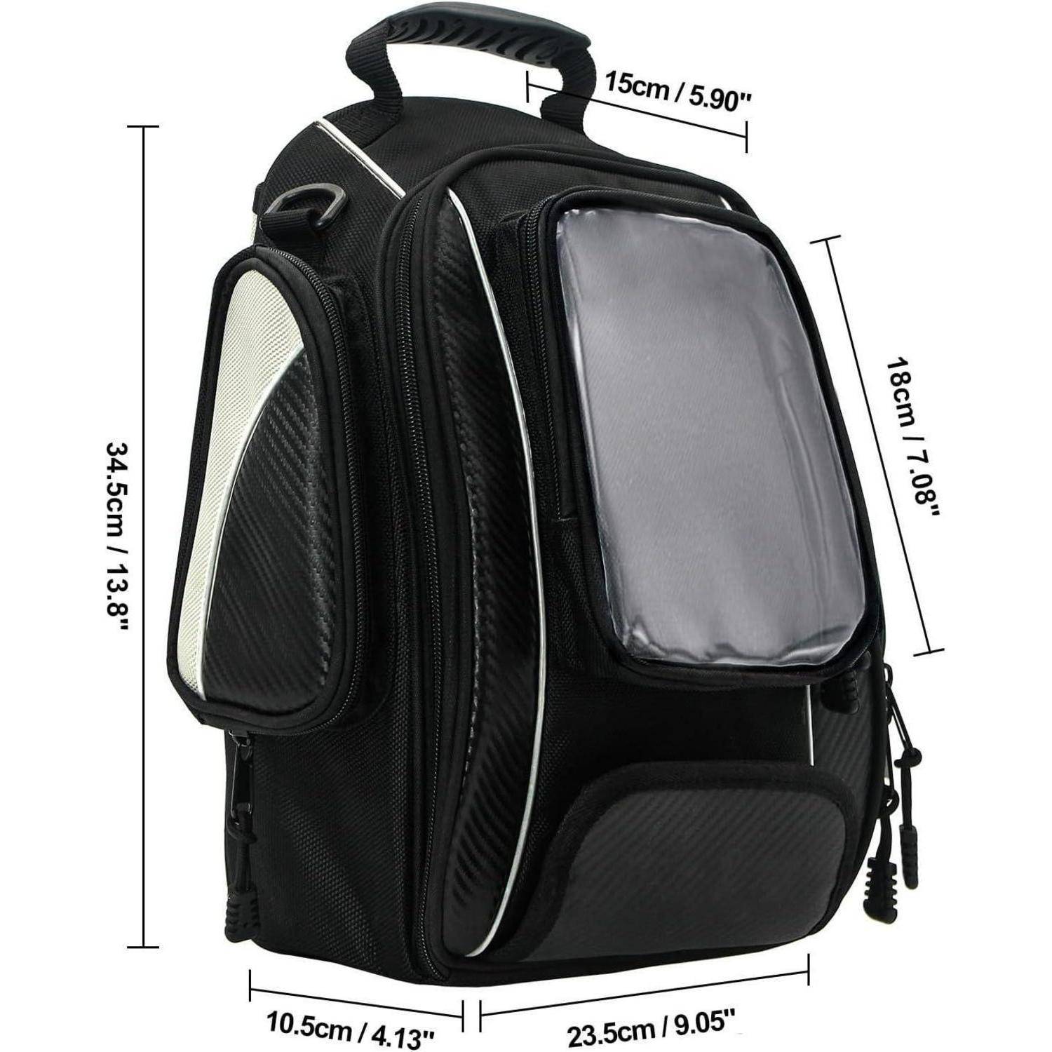 Schwarzer Rucksack-Tiertransportbehälter mit Mesh-Seitenpaneel und Frontfenster, gezeigt mit Maßen: 34,5 cm hoch, 23,5 cm breit, 15 cm tief.