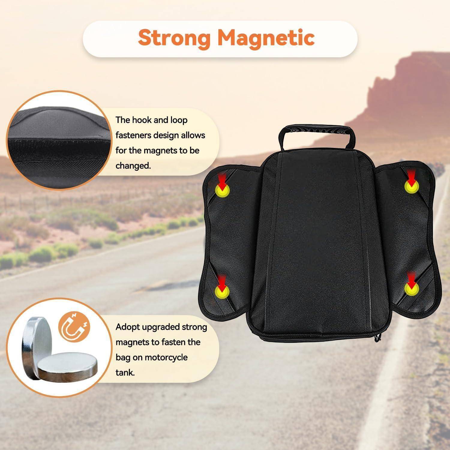 Schwarze Motorrad-Tankentasche mit abnehmbaren Seitentaschen und Magneten, beschriftet mit „Strong Magnetic"; eingefügte Nahaufnahmen erklären die Klettverschluss- und Magnetbefestigung.