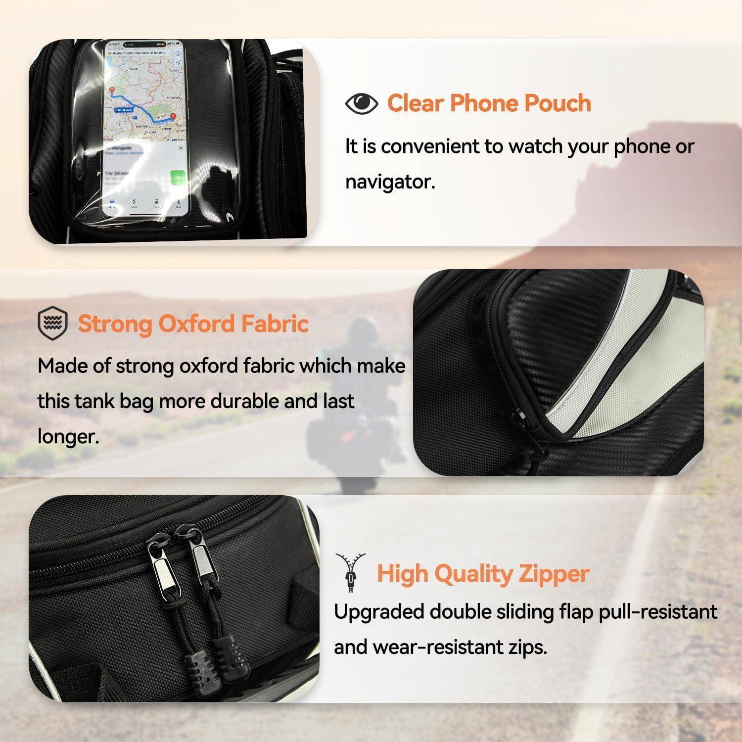 Werbegrafik für eine Motorrad-Tankbag mit drei Funktionen: transparente Handytasche, robustes Oxford-Gewebe und hochwertiger Doppelreißverschluss.