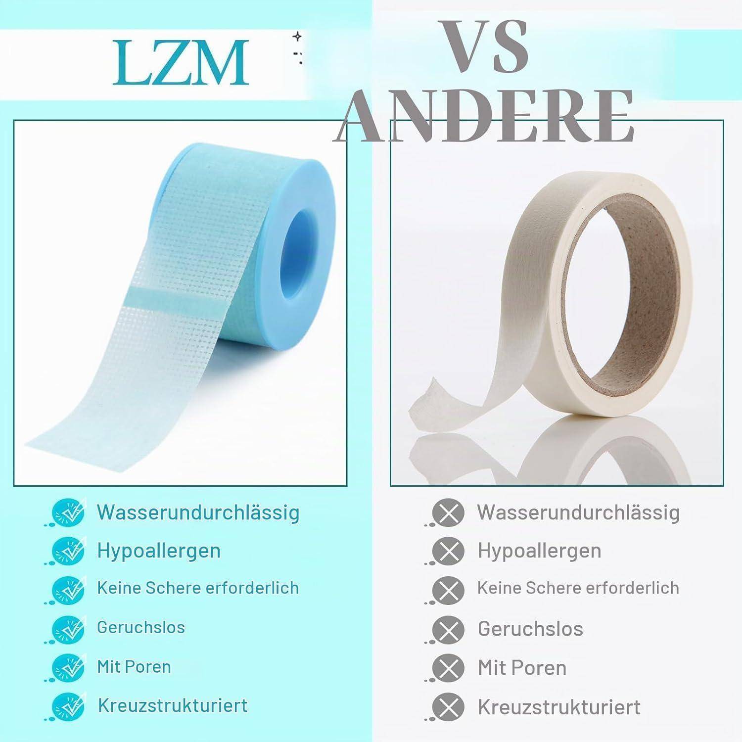 Vergleichsgrafik, die LZM-Klebeband und ein anderes Klebeband zeigt; LZM ist mit wasserdicht, hypoallergen, keine Schere erforderlich, geruchlos, porös und kreuzstrukturiert gekennzeichnet, während die andere Seite mit nicht für diese Funktionen markiert ist.