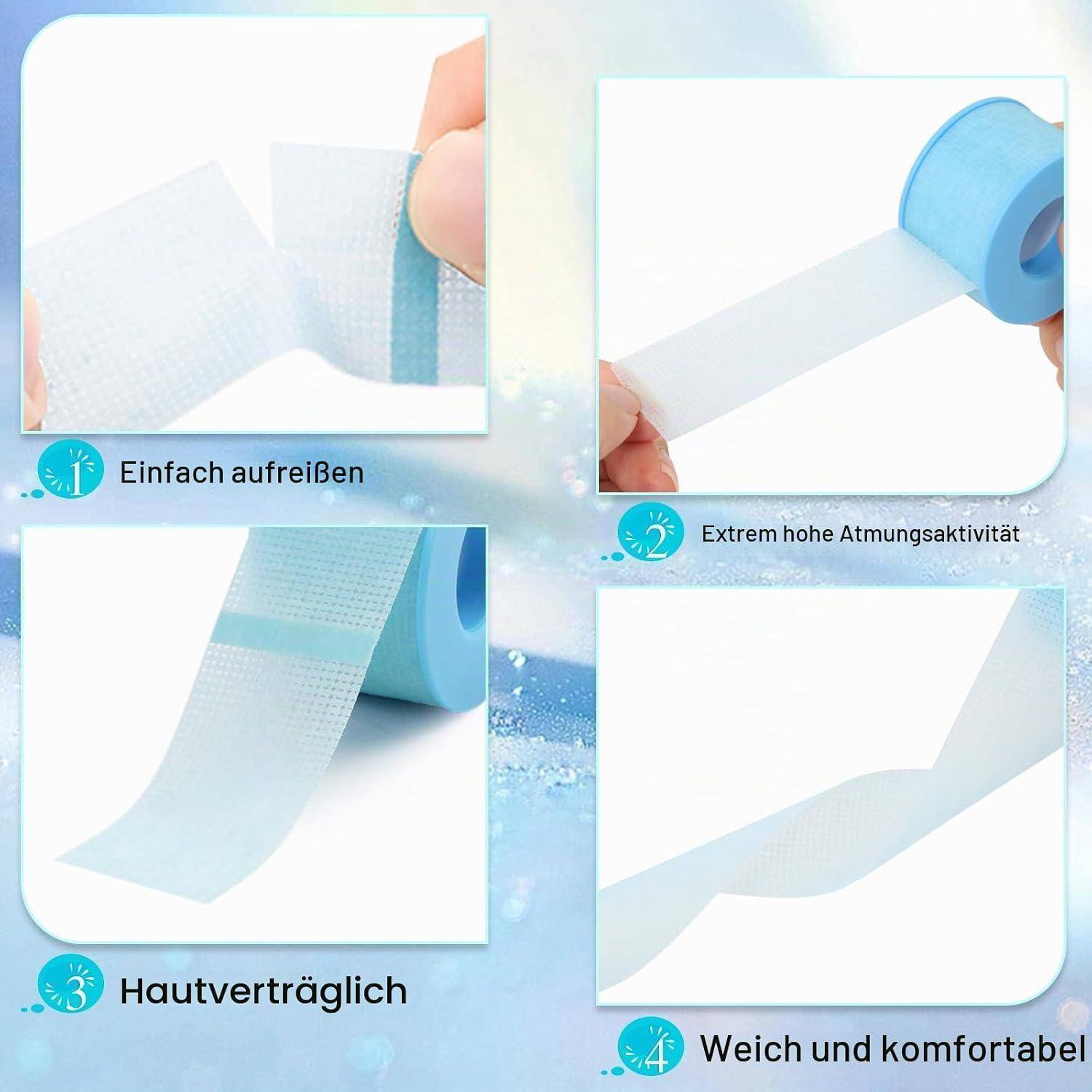 Vierpanel-Produktbild zeigt blaues medizinisches Klebeband, das abgelöst und gerissen wird; deutsche Beschriftungen heben leicht zu reißen, hohe Atmungsaktivität, hautfreundlich und weiches Tragegefühl hervor.