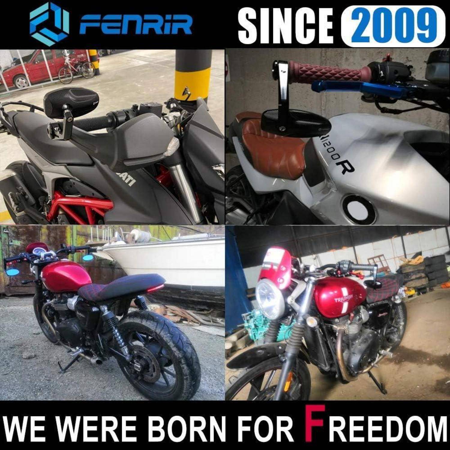 Vier Motorrad-Fotos in einer 2x2-Collage, die benutzerdefinierte Teile und Spiegel zeigen, mit der Marke „FENRIR