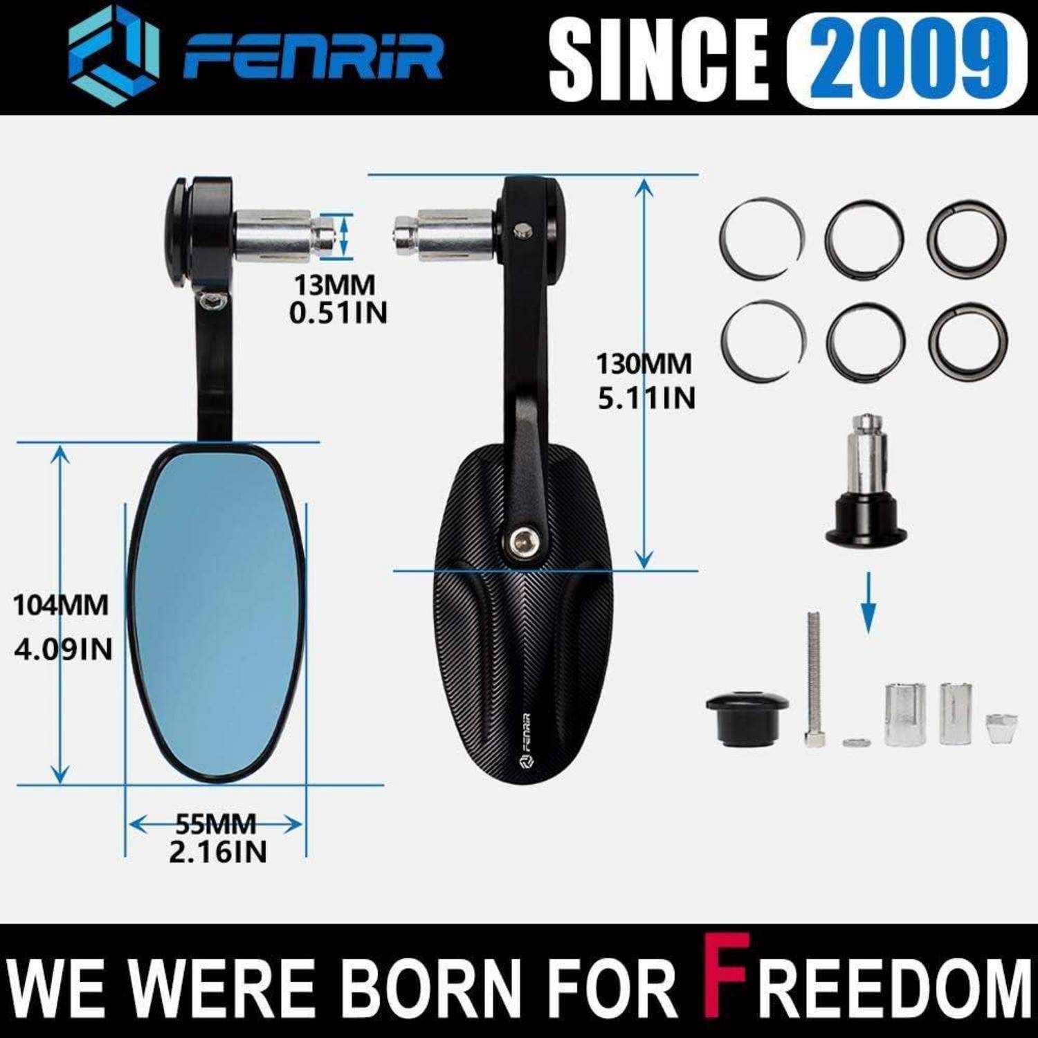 FENRIR Motorrad-Lenkerstummelenden-Spiegelset mit ovalem Spiegel, Abmessungen 104 mm x 55 mm und 130 mm Gesamtlänge, plus Montageringe und Befestigungsmaterial.