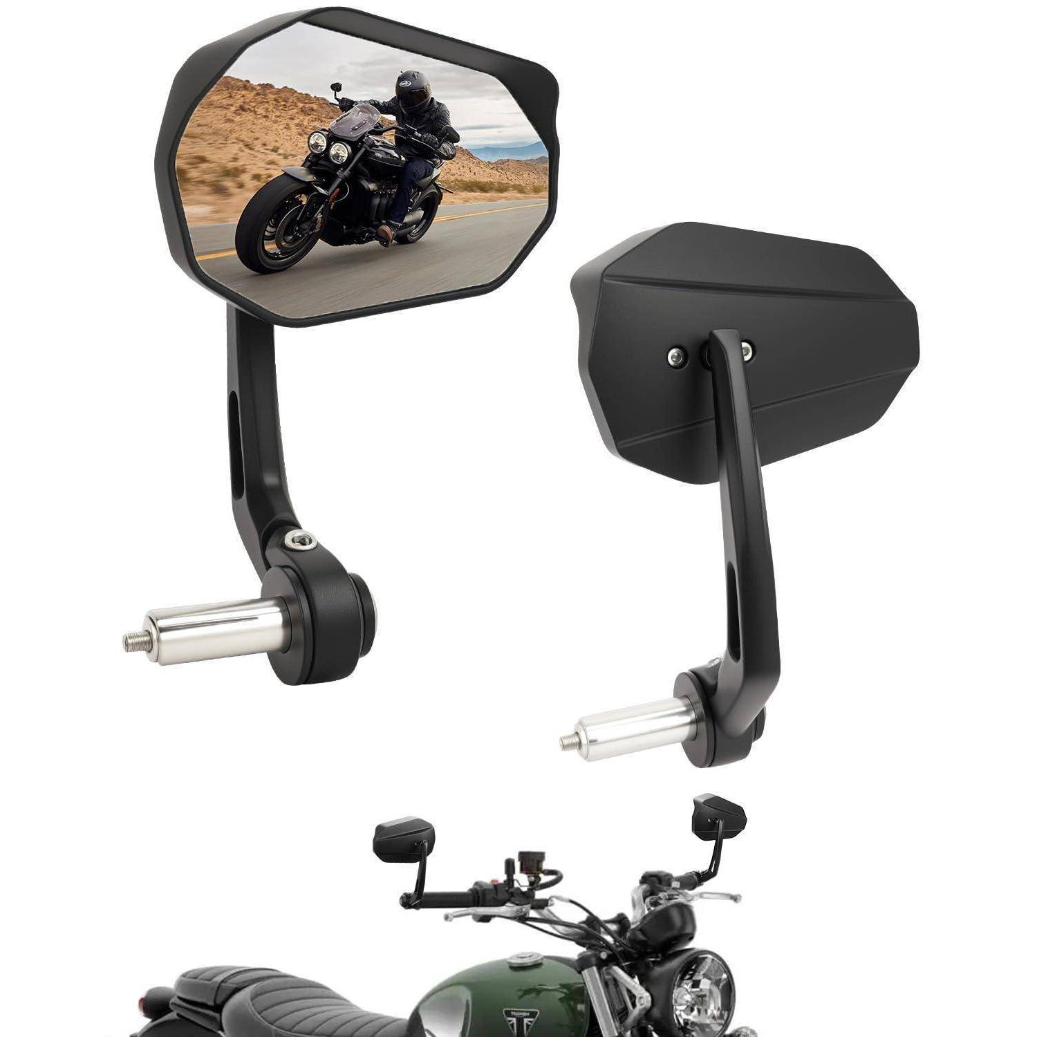 Motorradersatzspiegel von vorne und hinten gezeigt, mit einer abgewinkelten reflektierenden Ansicht und einer am Lenker befestigten Halterung über einem teilweise abgebildeten Motorrad.