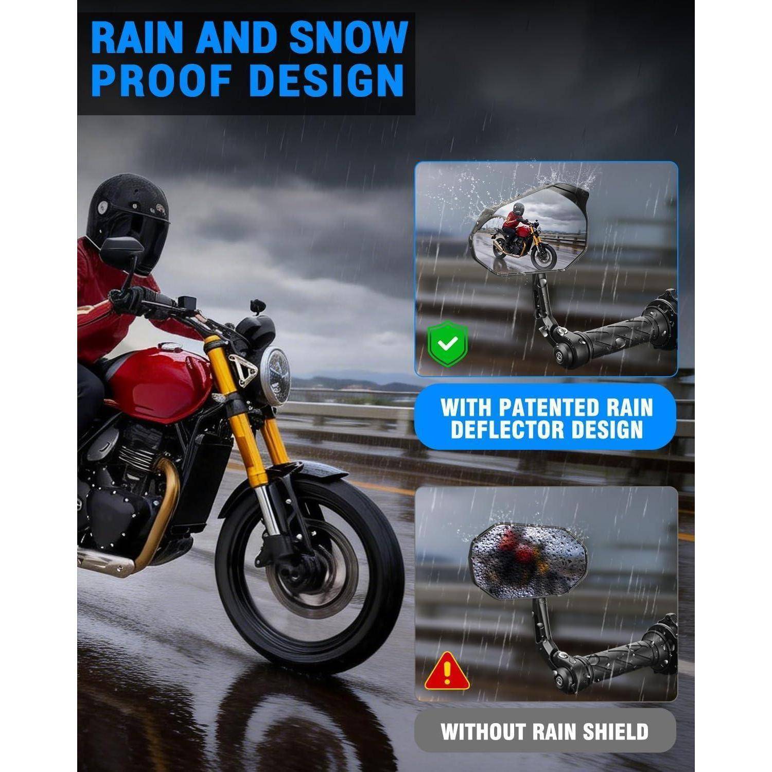Motorradfahrer, der im Regen fährt; Anzeige vergleicht die Sichtbarkeit im Rückspiegel mit und ohne ein patentiertes Regenschutz-Design und zeigt verbesserte Sichtbarkeit.