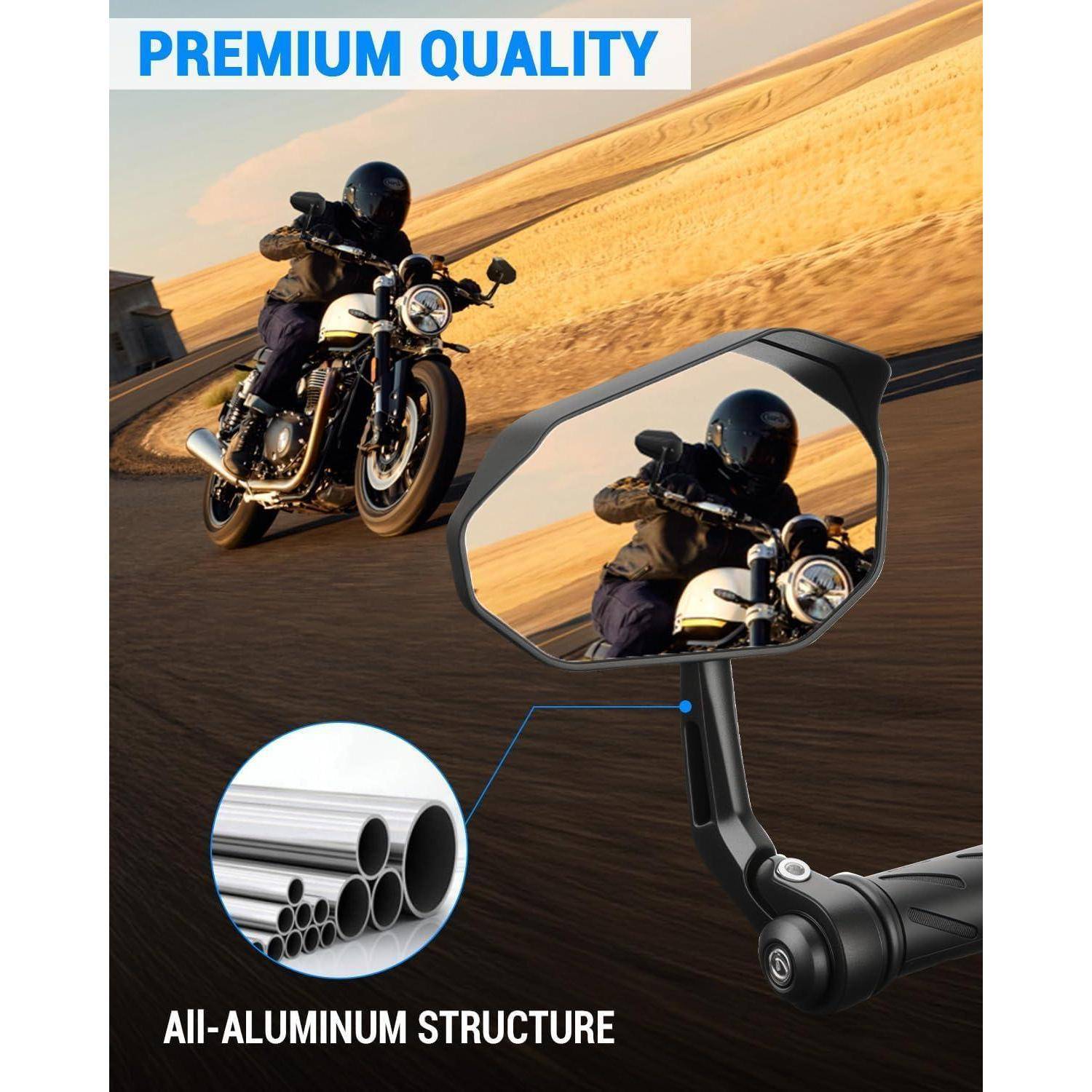 Werbebild eines Motorrad-Rückspiegels mit einem Fahrer auf der Straße, mit dem Text „PREMIUM QUALITÄT