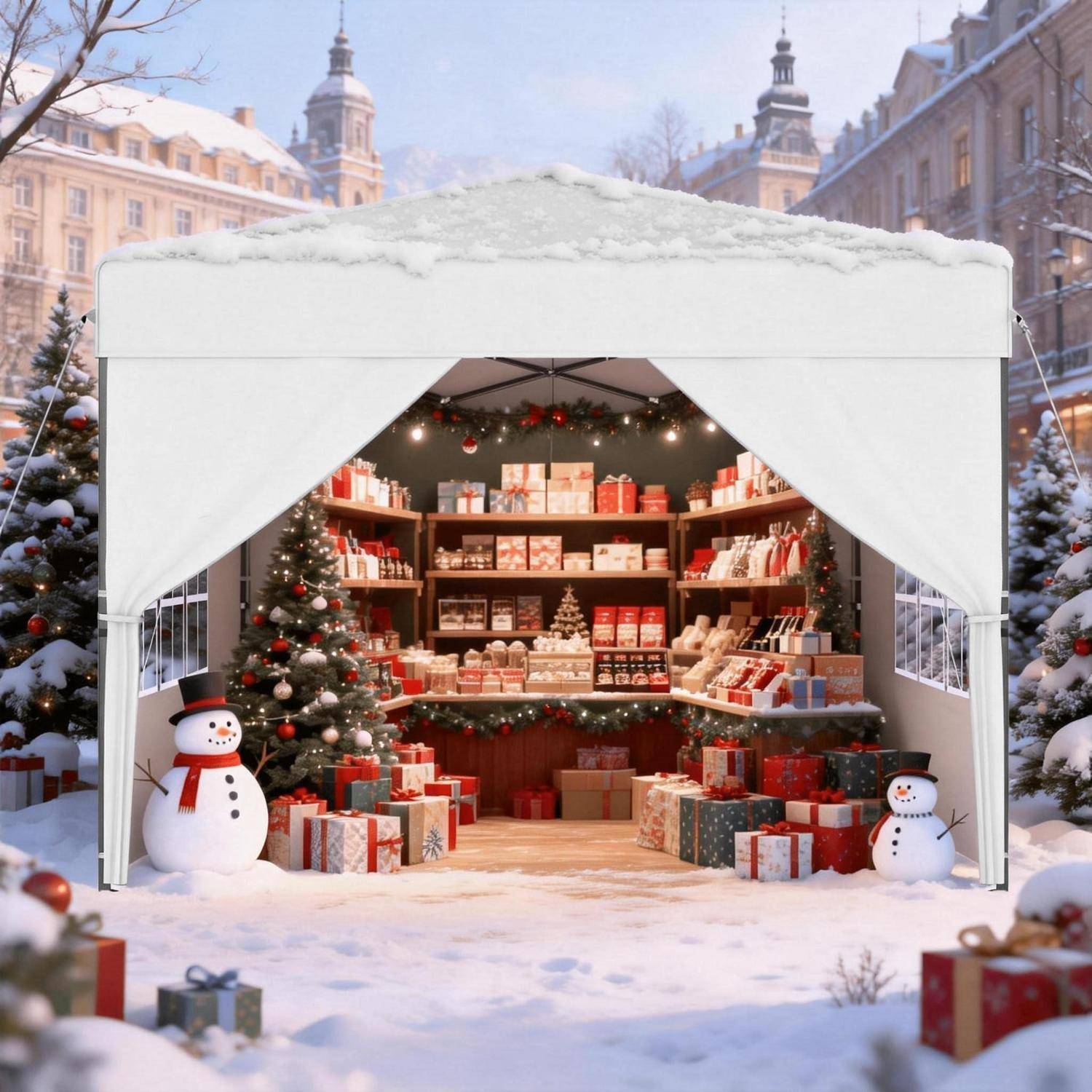 Festlicher Weihnachtsmarktstand unter einem schneeweißen Baldachin, gefüllt mit verpackten Geschenken und Weihnachtsdekoration, flankiert von Schneemännern und einem geschmückten Baum.