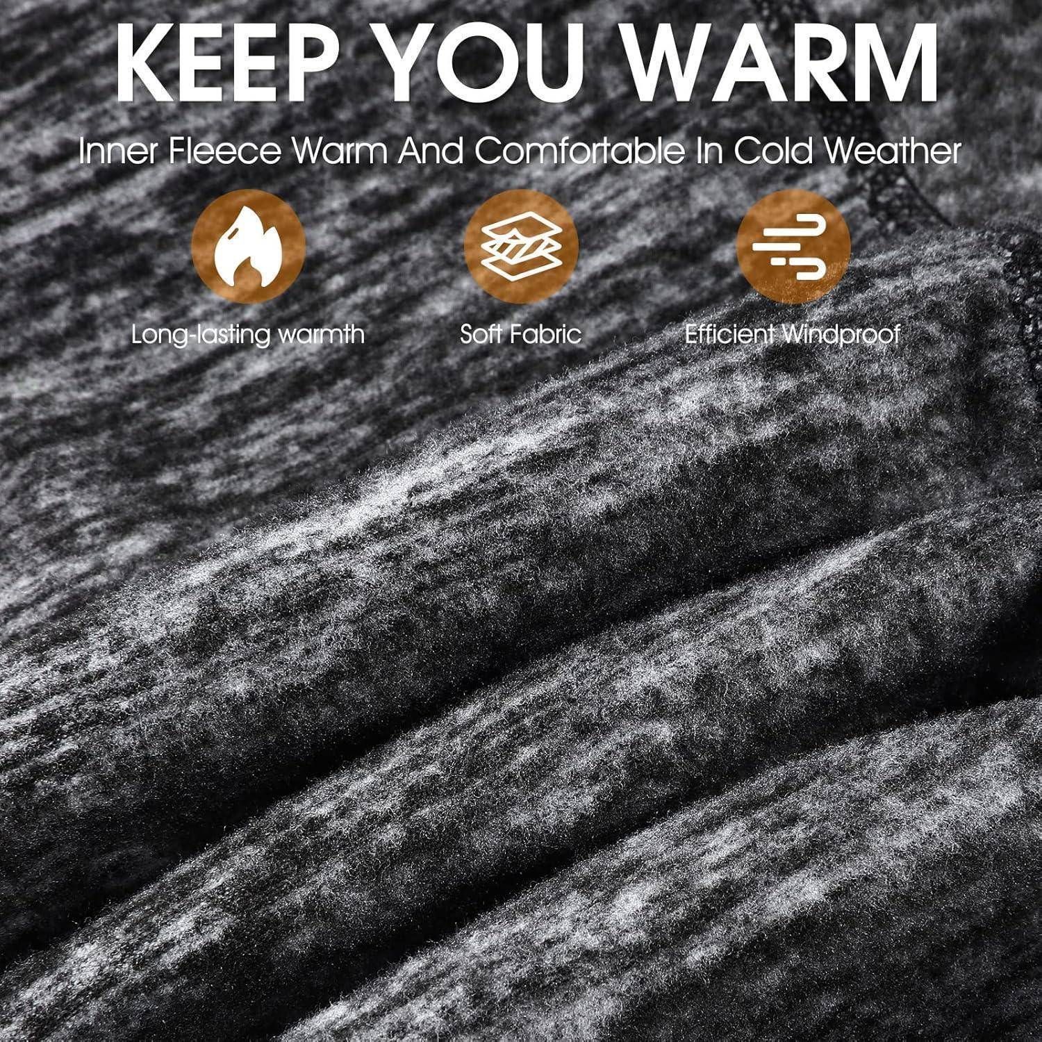 Werbegrafik für warmen Fleecestoff mit der Aufschrift „HALTEN SIE SIE WARM" mit Symbolen, die langanhaltende Wärme, weiches Gewebe und winddichte Schutzfunktion hervorheben.
