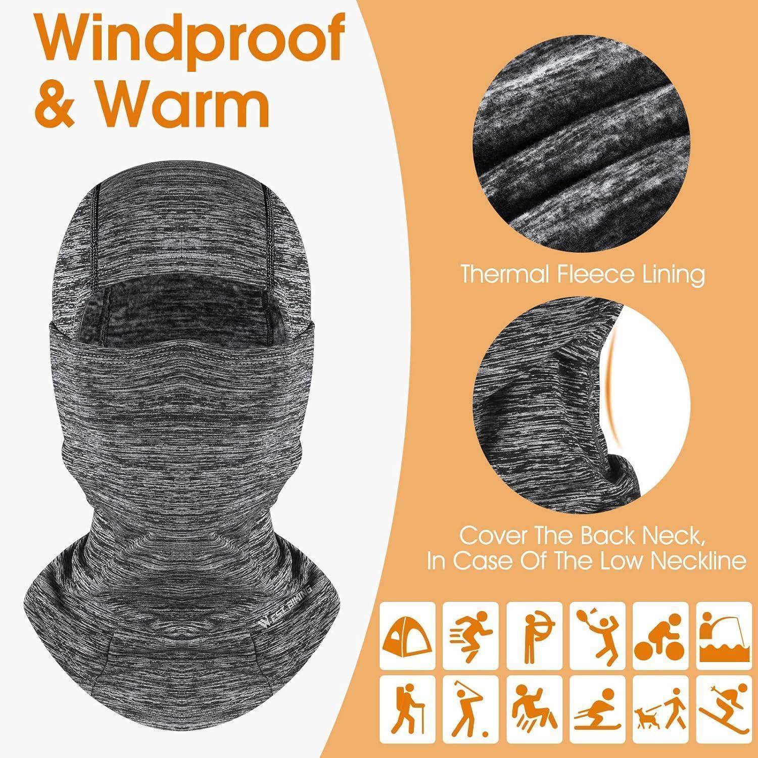 Sturmhaube im Balaclava-Stil mit der Bezeichnung „Winddicht & Warm" mit thermischer Fleece-Fütterung und Nackenabdeckung für tiefe Ausschnitte.