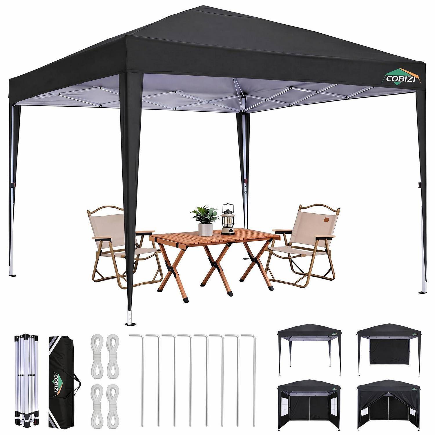 Schwarzes Pop-Up-Pavillon-Zelt mit Seitenwänden, gezeigt mit einem kleinen Tisch und zwei Stühlen; Zubehör und zusammengeklappte Rahmenteile werden darunter angezeigt.