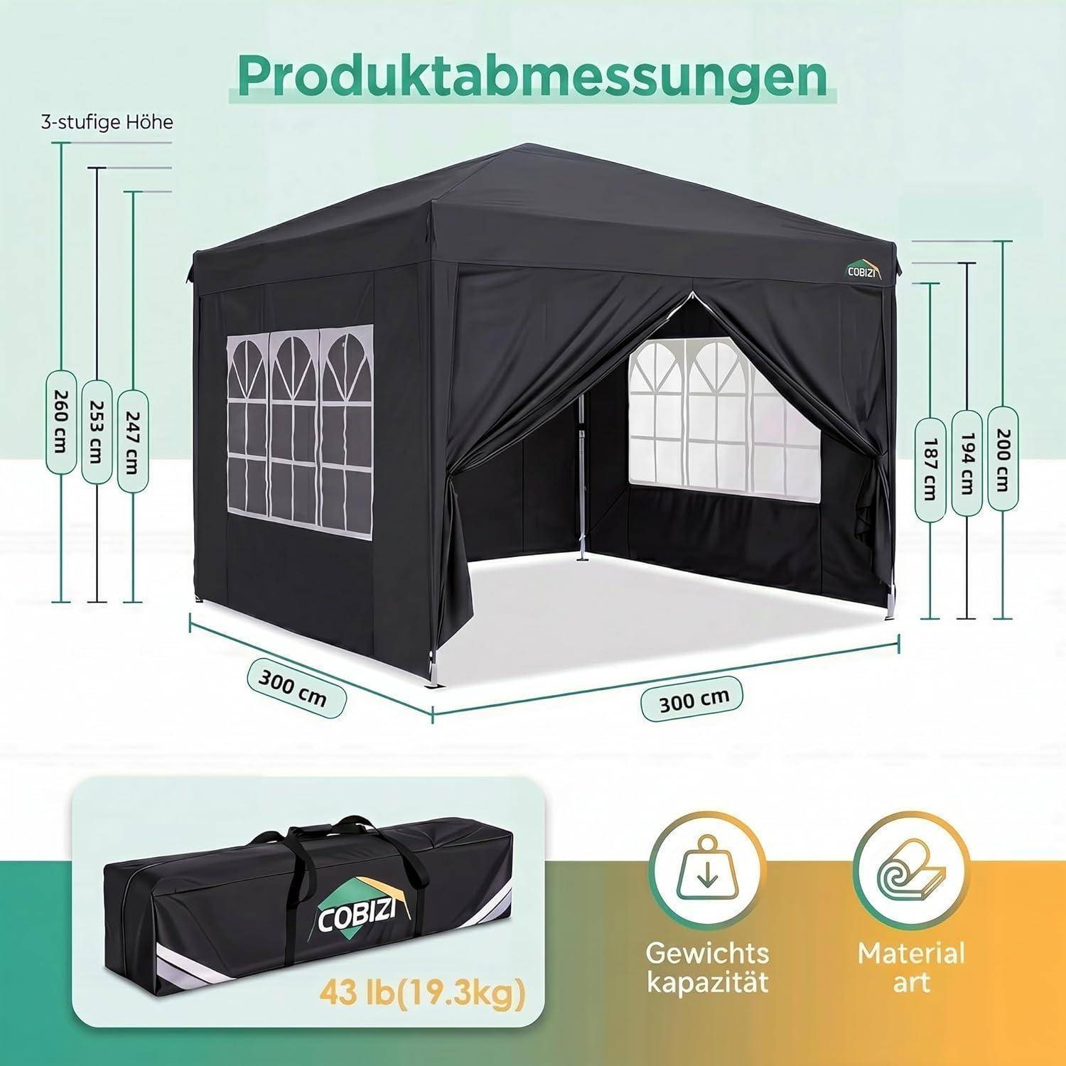 Diagramm eines schwarzen Pop-Up-Baldachins mit der Bezeichnung 'Produktabmessungen', das eine Grundfläche von 300 cm x 300 cm, drei Höhenmessungen, 43 lb (19,3 kg), Tragfähigkeit und Materialtyp zeigt.