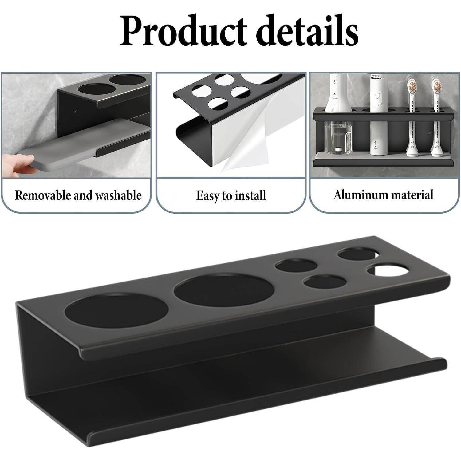 Produktdetails für ein schwarzes, wandmontiertes Badezimmerregal mit mehreren kreisförmigen Haltern; abnehmbar und waschbar, einfache Installation, aus Aluminium gefertigt.