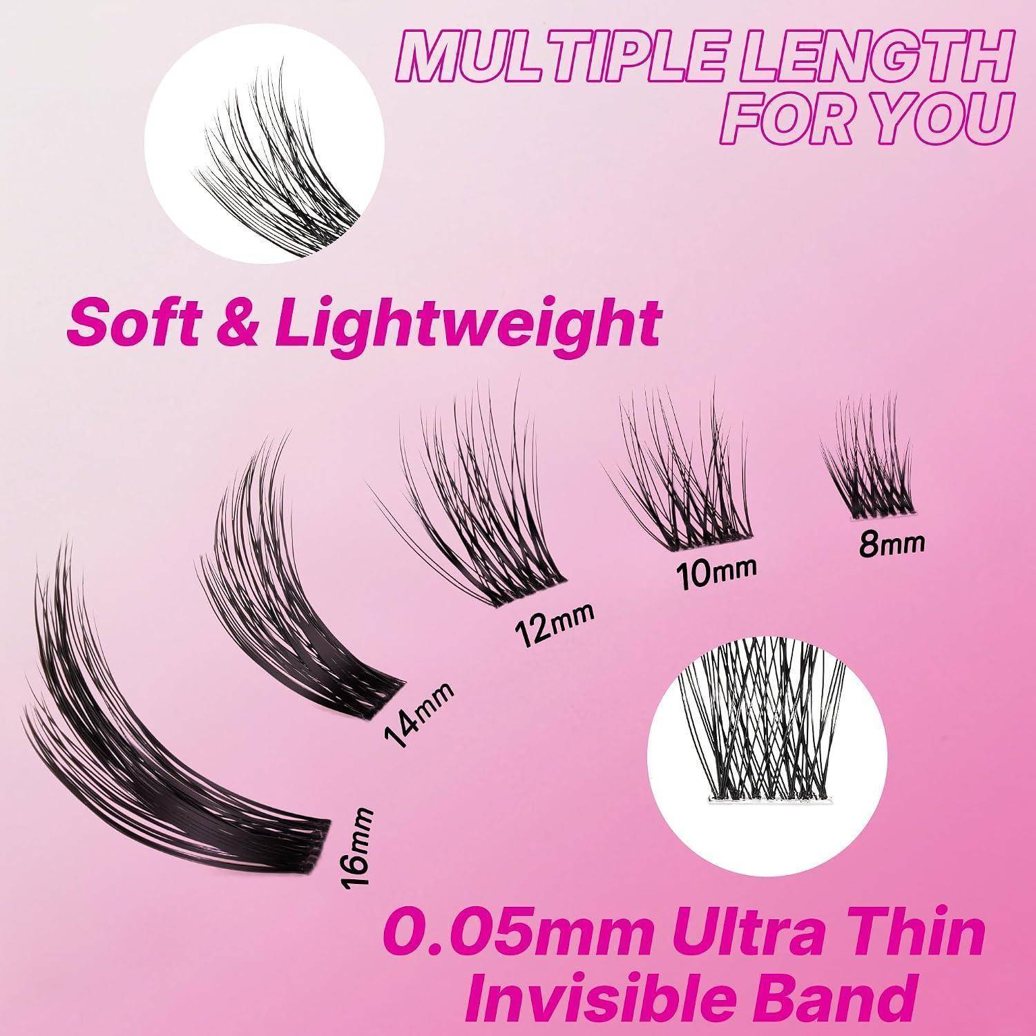 Werbebild von künstlichen Wimpernverlängerungen in verschiedenen Längen, gekennzeichnet mit 8mm, 10mm, 12mm, 14mm und 16mm, das 