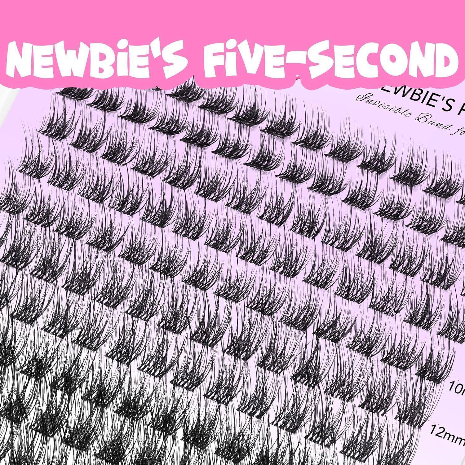 Produktbild, das Newbie's Five-Second Wimpernstreifen aus falschem Haar in verschiedenen Längen auf rosa Verpackung zeigt.