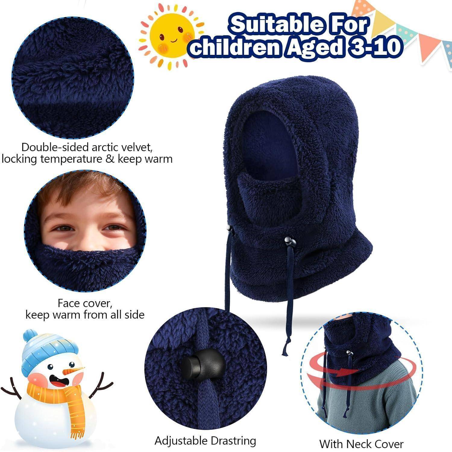 Produktbild einer dunkelblau Kinder-Sturmhaube für den Winter mit Gesichtsschutz und Halsschutz, gekennzeichnet als geeignet für Kinder im Alter von 3-10 Jahren; zeigt warmes doppelseitiges Fleece und verstellbares Zugband.