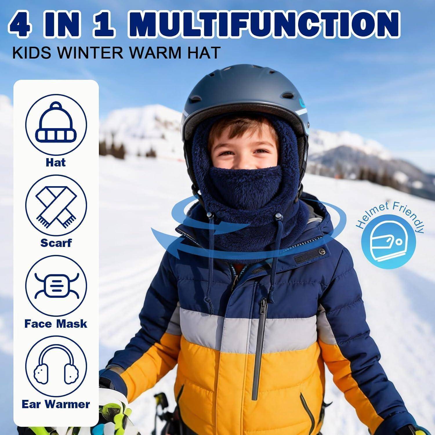Kind mit Winterhelm und multifunktionalem Halswärmer in verschneiten Bergen, dargestellt als 4-in-1-Kinderwintermütze, die als Mütze, Schal, Gesichtsmaske und Ohrenwärmer funktioniert.