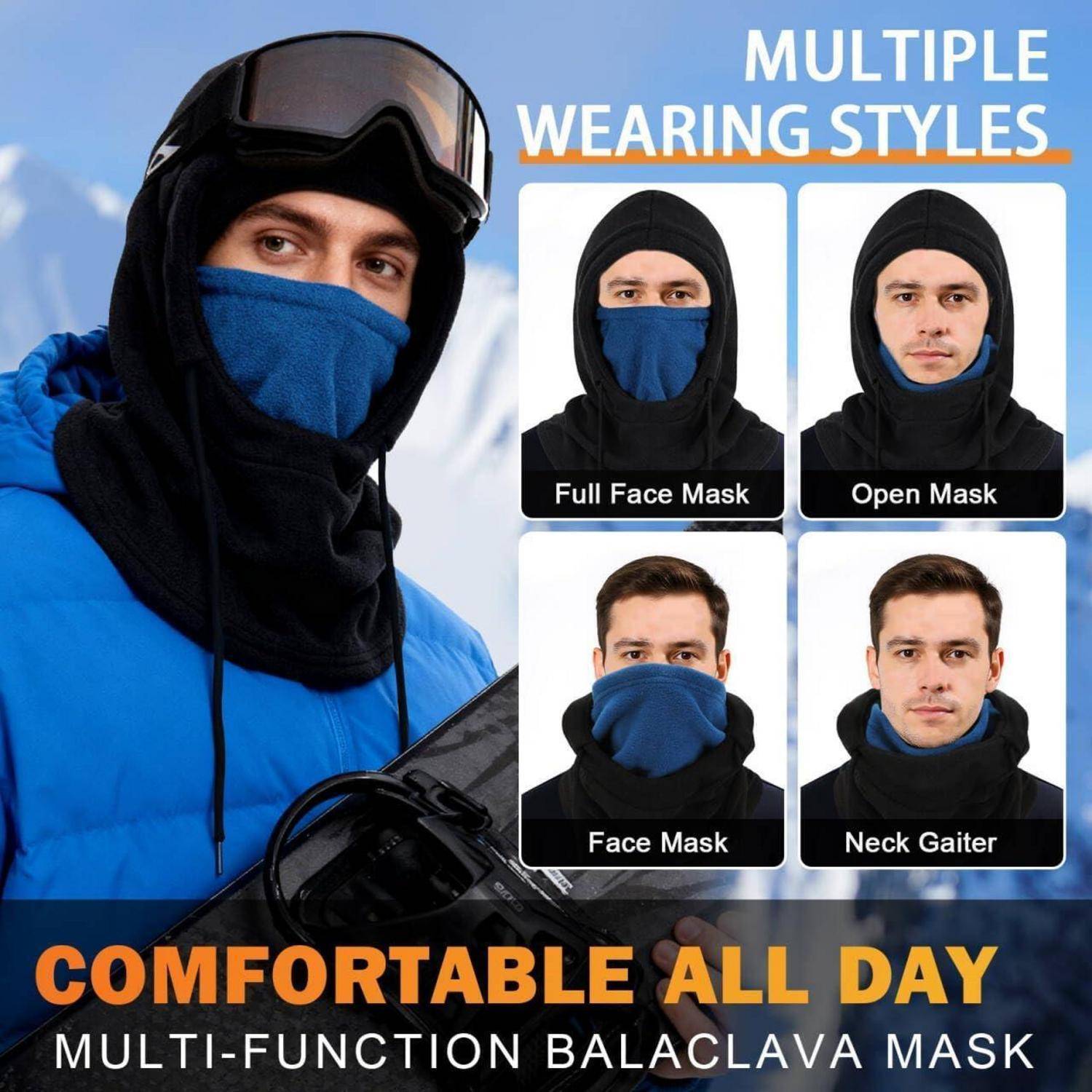 Werbebild einer blau-schwarzen Sturmmaske mit vier Trageoptionen: Vollgesichtsmaske, offene Maske, Gesichtsmaske und Nacken-Gaiter, mit dem Text „Mehrere Trageoptionen