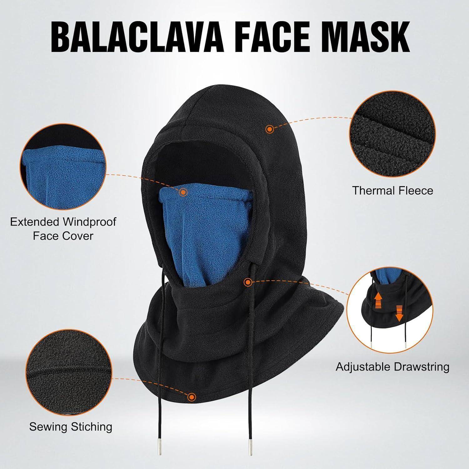 Produktdiagramm einer schwarzen Sturmhaube mit blauer Gesichtsabdeckung, gekennzeichnete Merkmale: verlängerte winddichte Gesichtsabdeckung, Thermofleece, Nähte und verstellbare Zugschnur.