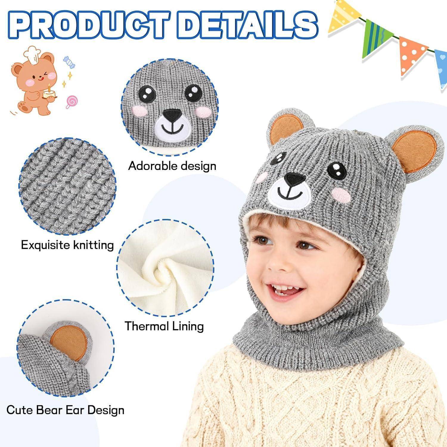 Produktdetails-Grafik mit einer grauen gestrickten Bärenmütze und einem Halswärmer an einem Kind, die das niedliches Design, die exquisite Strickarbeit, die Wärmefütterung und die süßen Bärenohren hervorheben.