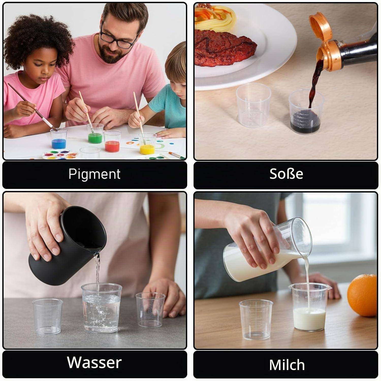 Vierteiliges Bild zeigt Pigment, Sauce, Wasser und Milch, die in durchsichtige Becher gegossen werden, mit Kindern, die im oberen linken Panel malen.