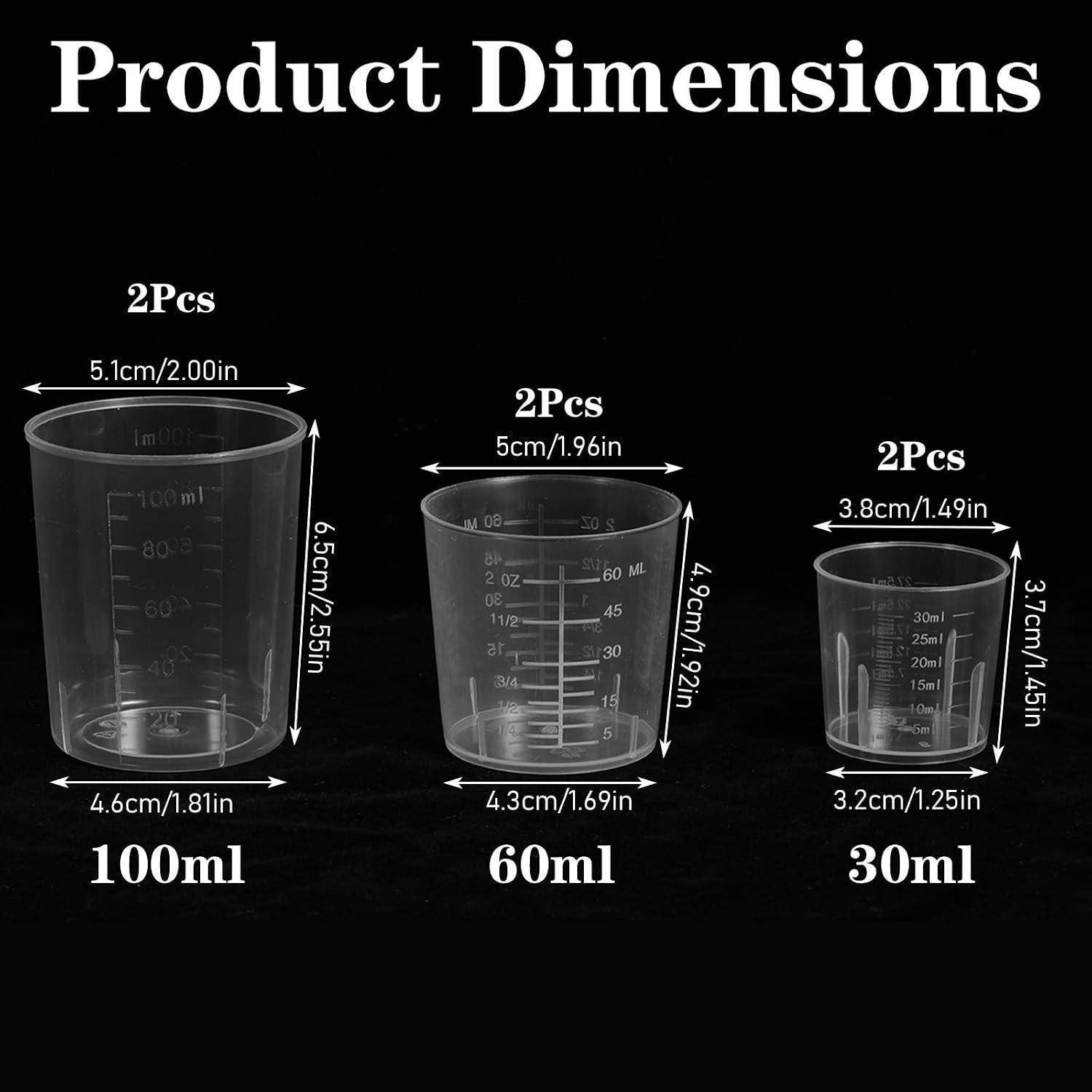 Produktabmessungen für drei durchsichtige Messbehälter: 100 ml, 60 ml und 30 ml, jeweils mit 2 Stück gekennzeichnet mit metrischen und Zollanmessungen.