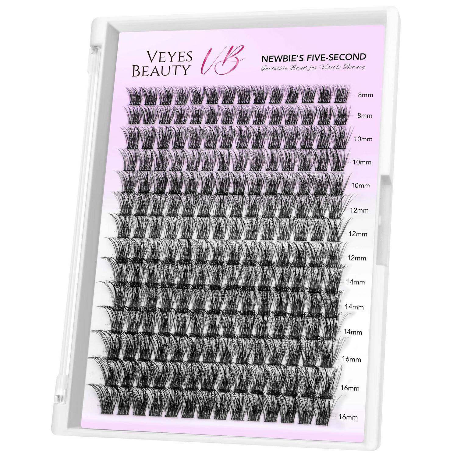 Packung mit Veyes Beauty 'Newbie's Five-Second' Wimpernstreifen in einem durchsichtigen Behältnis, das mehrere Wimpernstreifen in verschiedenen Längen von 8 mm bis 16 mm zeigt.