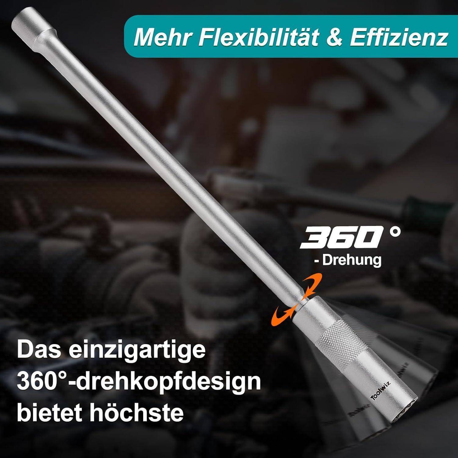 Werbebild eines Metallwerkzeugs mit einem rotierenden Kopf, gekennzeichnet mit '360°-Drehung' und 'Das einzigartige 360°-drehkopfdesign bietet höchste', das mehr Flexibilität und Effizienz hervorhebt.