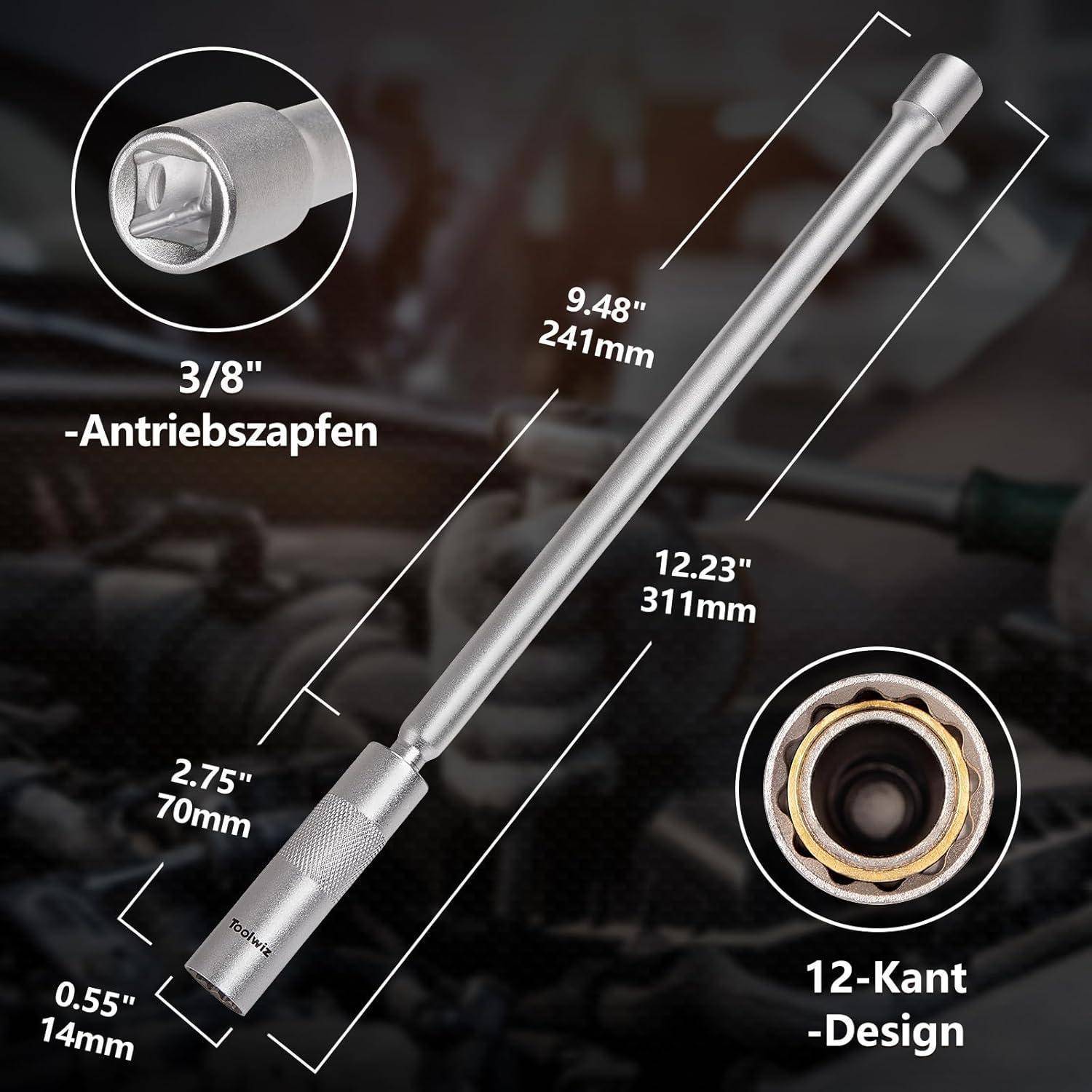 Illustration einer 3/8-Zoll-Antriebsverlängerungsstange, 12,23 Zoll lang (311 mm), mit 12-Punkt-Design und detailliertem 3/8-Zoll-Antriebsende.
