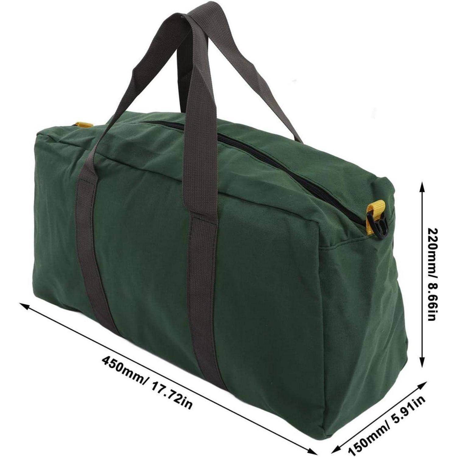 Grüne Reisetasche mit schwarzen Griffen, dargestellt mit Abmessungen von 450 mm x 220 mm x 150 mm.