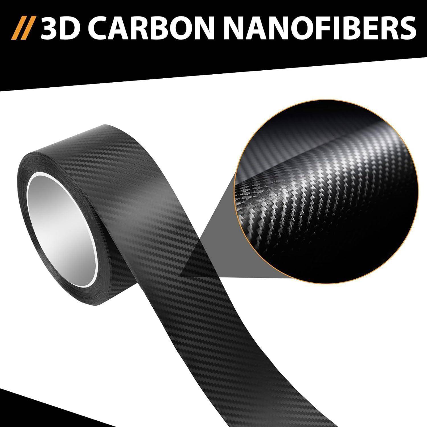 3D-Kohlenstoffnanoröhrchen-Klebeband auf einer Rolle mit vergrößerter Nahaufnahme, die die gewebte Kohlenstoffstruktur zeigt.