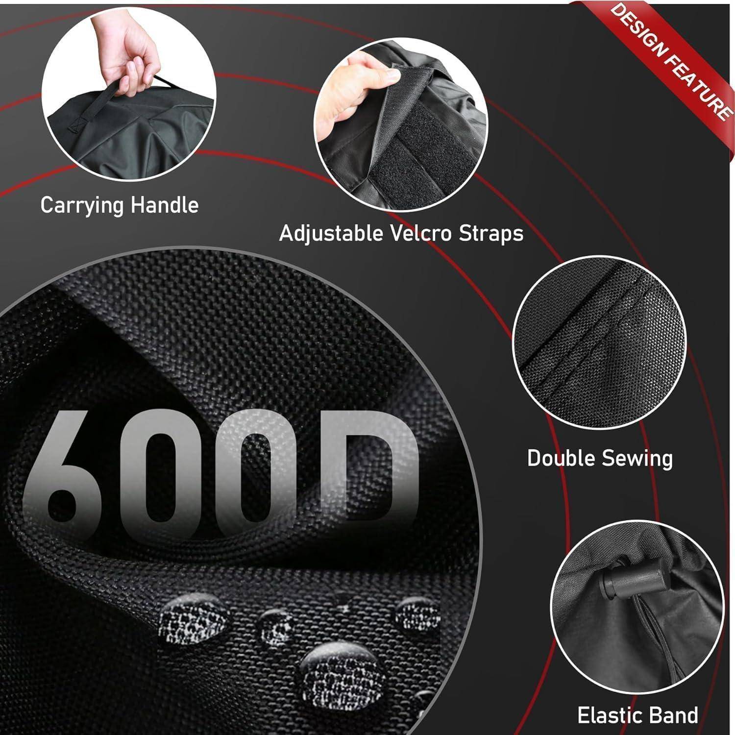 Produktfeature-Grafik mit einer 600D-Stofftasche mit Tragegriff, verstellbaren Klettverschlussbändern, doppelter Naht und Gummiband.
