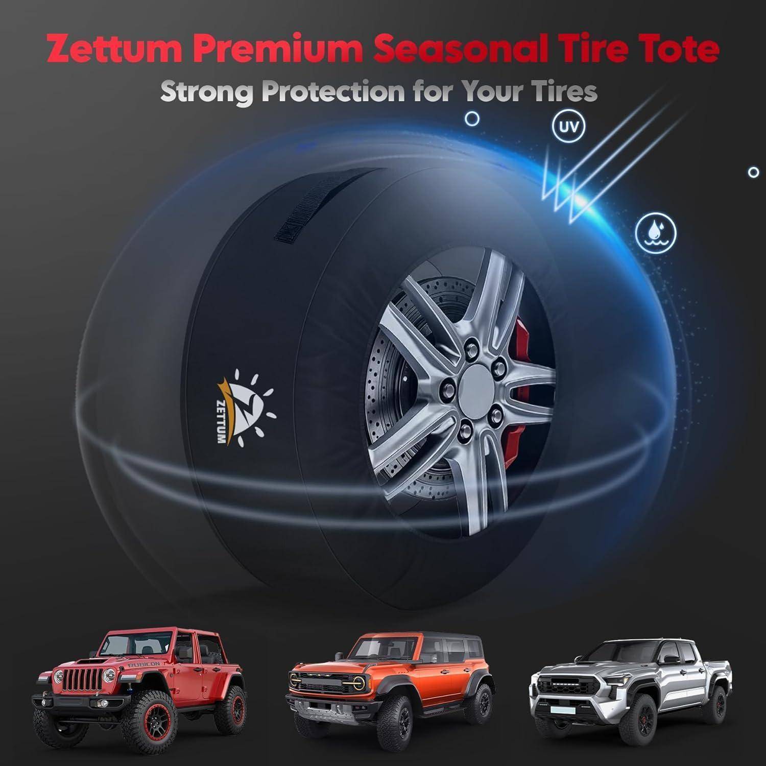 Werbebild einer Zettum Premium Seasonal Tire Tote, die einen Reifen schützt, mit UV- und Wasserschutz-Symbolen und drei SUV-/Lastwagen-Beispielen darunter.
