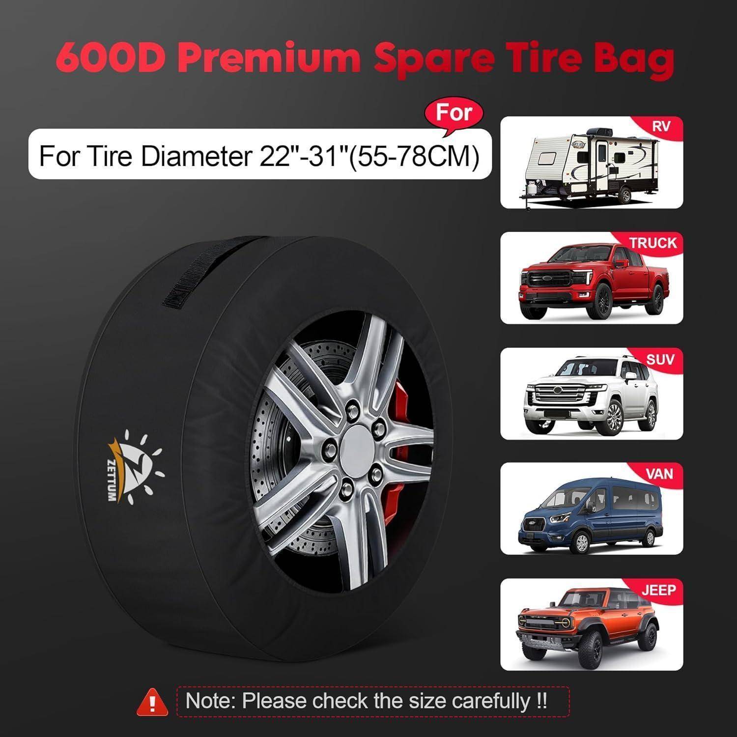 600D Premium Ersatzreifentasche für 22-31 Zoll Reifen, dargestellt über einem Rad; kompatibel mit Wohnmobilen, Lastkraftwagen, SUVs, Vans und Jeeps.