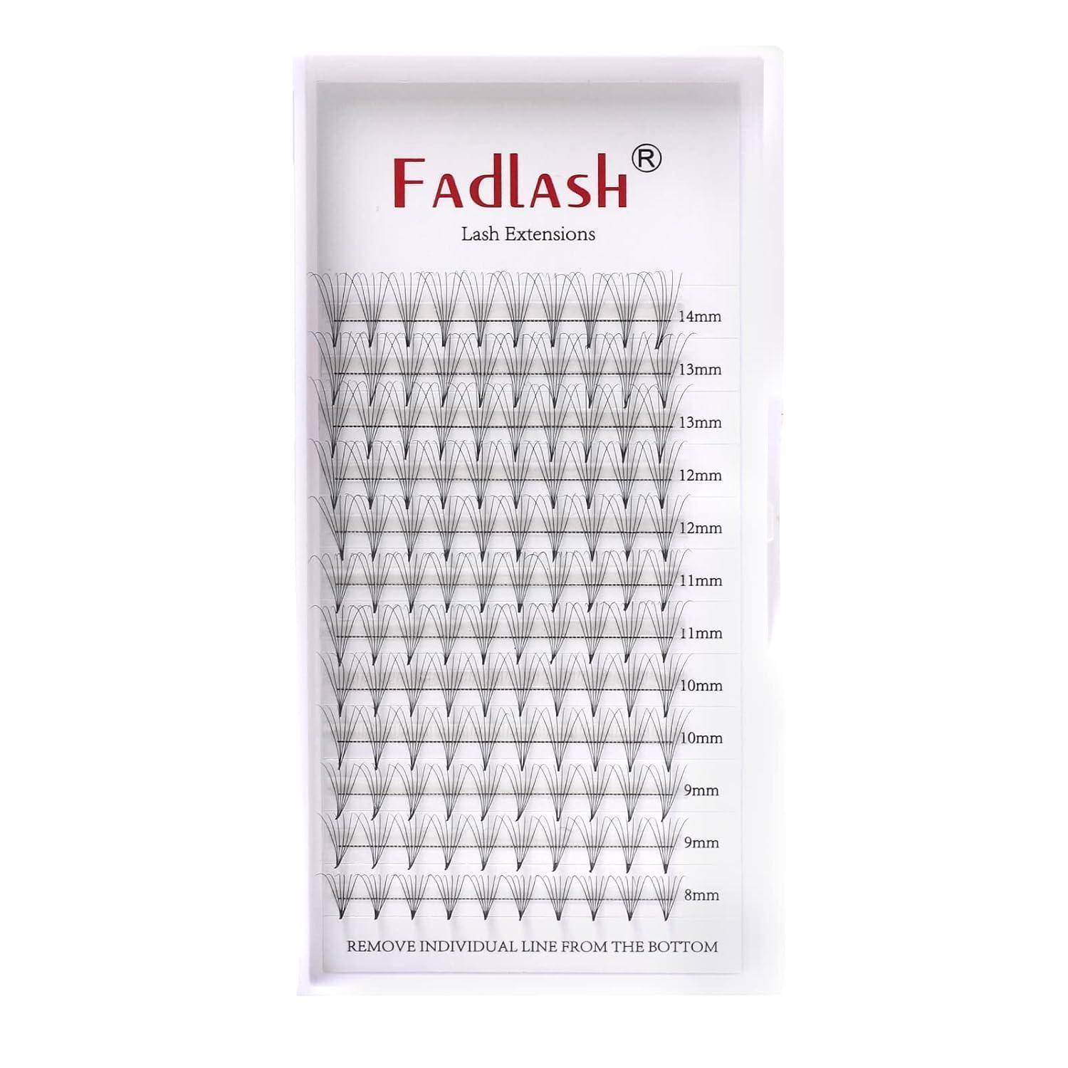 Paket mit Fadlash-Wimpernverlängerungen mit mehreren Reihen einzelner Wimpernstreifen mit den Beschriftungen 8 mm bis 14 mm und dem Hinweis „EINZELNE LINIE VON UNTEN ENTFERNEN