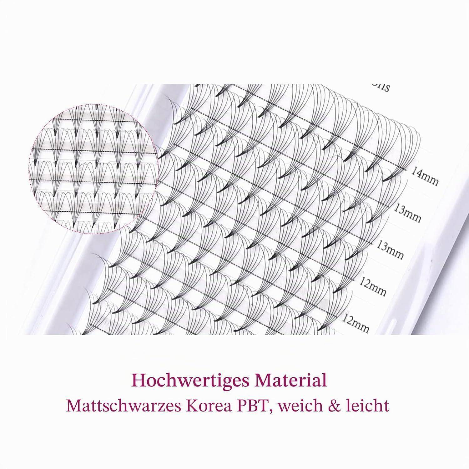 Nahaufnahme-Produktbild von schwarzen synthetischen Wimpern/Fasern mit gekennzeichneten Längen von 12 mm bis 14 mm und deutschem Text: „Hochwertiges Material, Mattschwarzes Korea PBT, weich & leicht