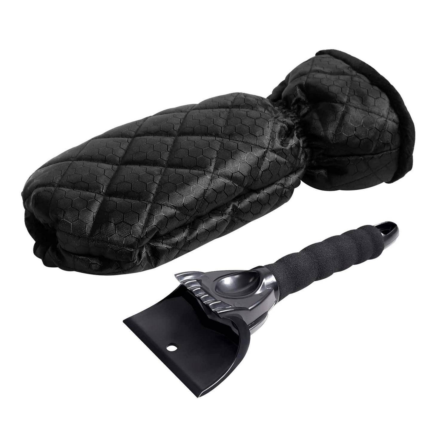 Schwarzer gesteppter Eiskratzer-Handschuh und tragbarer Eiskratzer auf weißem Hintergrund.