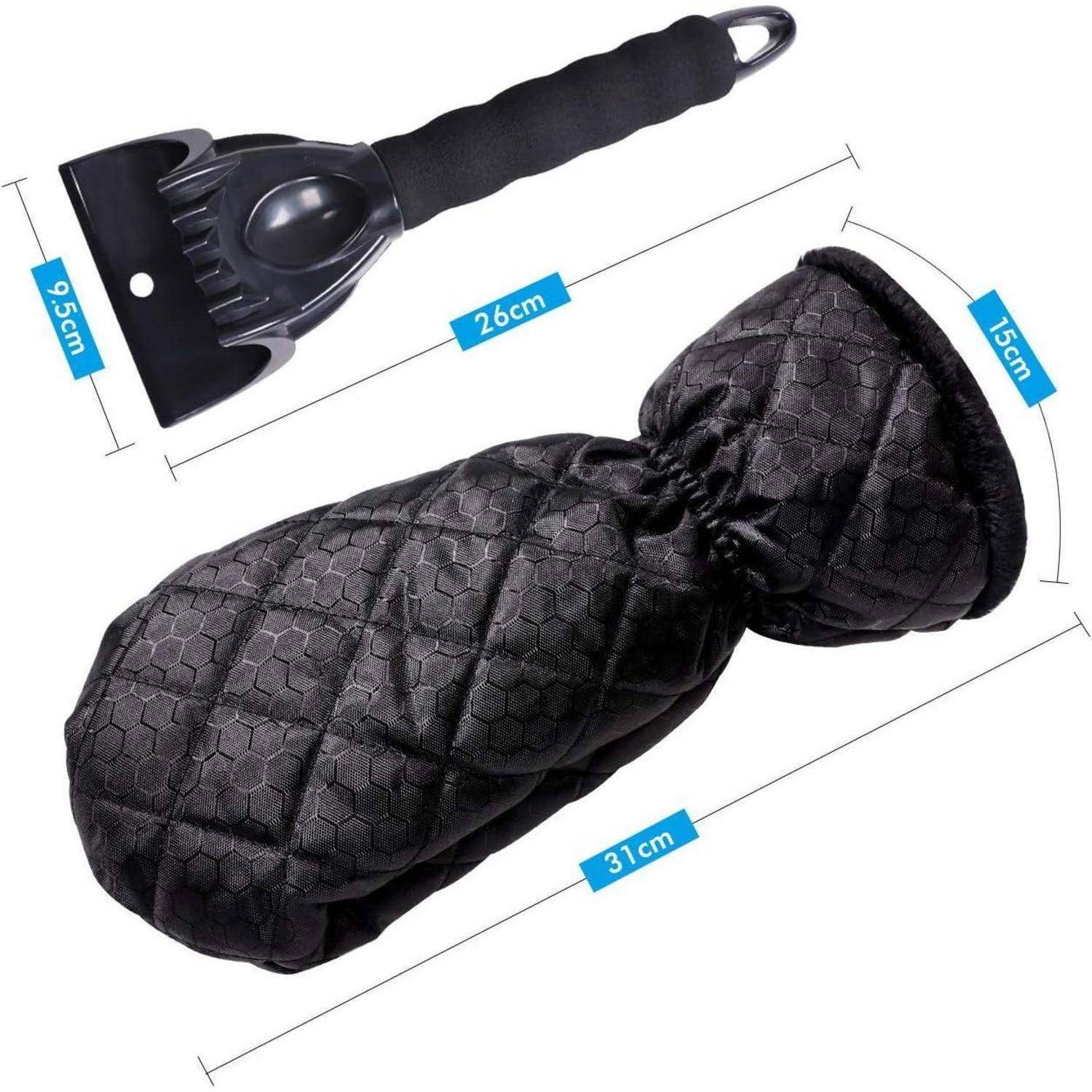 Eiskratzer in Schwarz mit Schaumstoffgriff und gepolsterter Schutzhandschuh, dargestellt mit Größenangaben: 26 cm lang, 15 cm breit und 9,5 cm Blattbreite.
