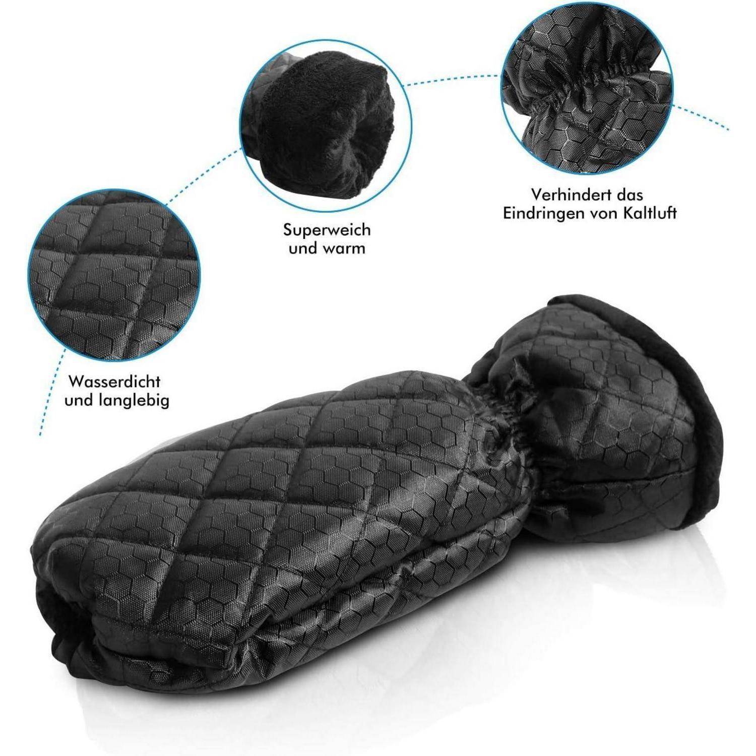 Schwarze isolierte Handschuhe mit Beschriftungen auf Deutsch: wasserdicht und langlebig, extrem leicht und warm, verhindert Kältelufteintritt.