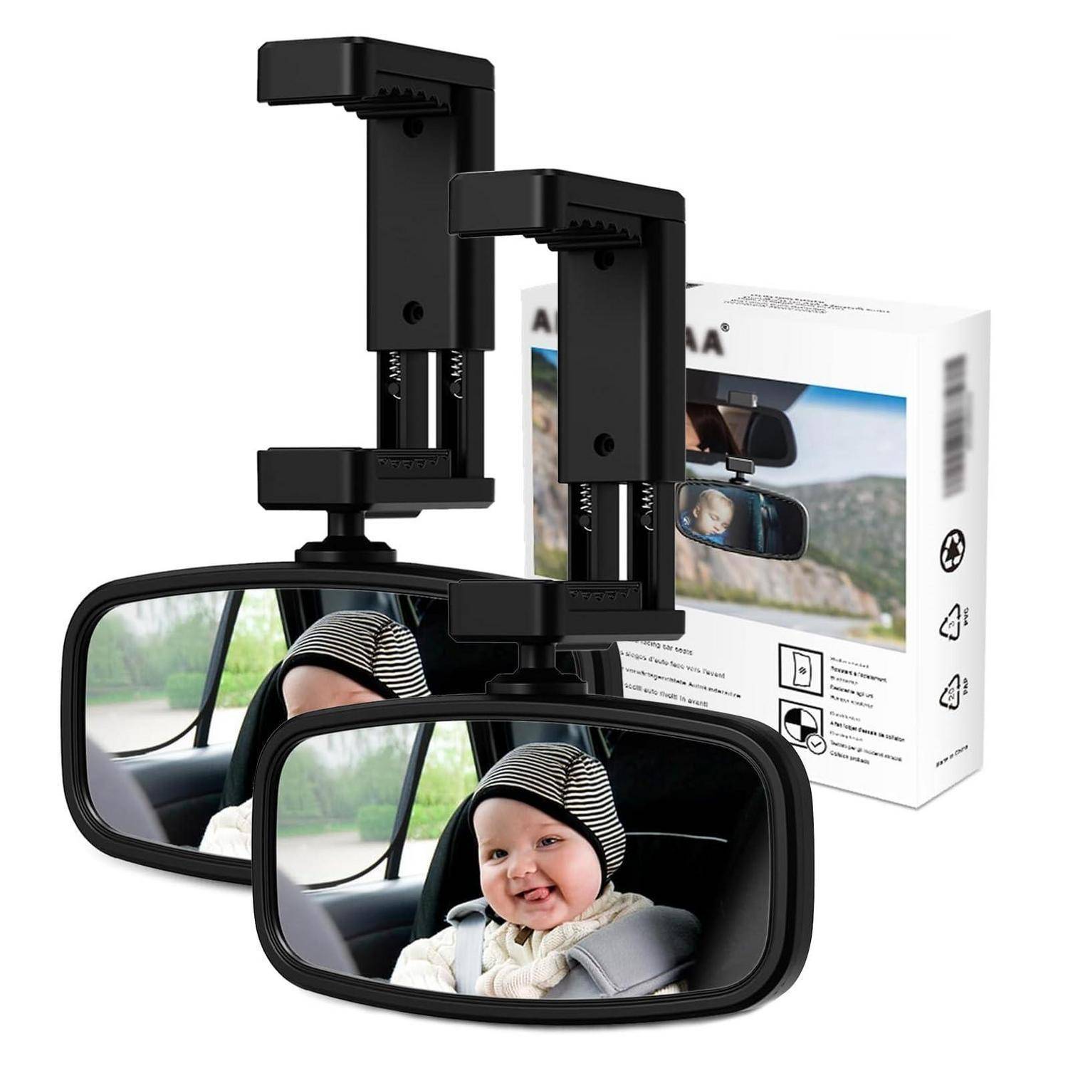 Zwei Autokinderspiegel mit verstellbaren Kopfstützenbefestigungen, gezeigt mit einem sichtbaren Baby in einem Spiegel und Produktverpackung dahinter.