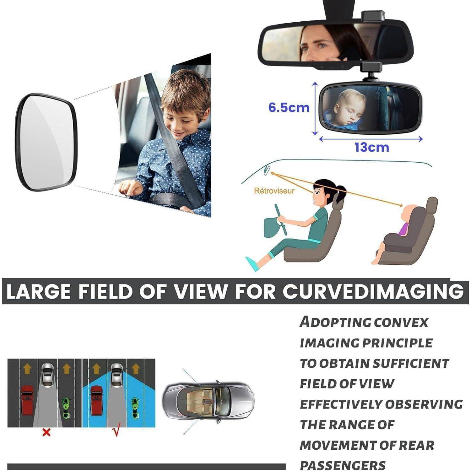 Baby Rückspiegel, Kinderspiegel Mit Gefederten Clips, Glas-Spiegel, 360° Drehbar, für Kindersitz in Meisten Autos (129 * 65.8mm) (2 Schwarz)