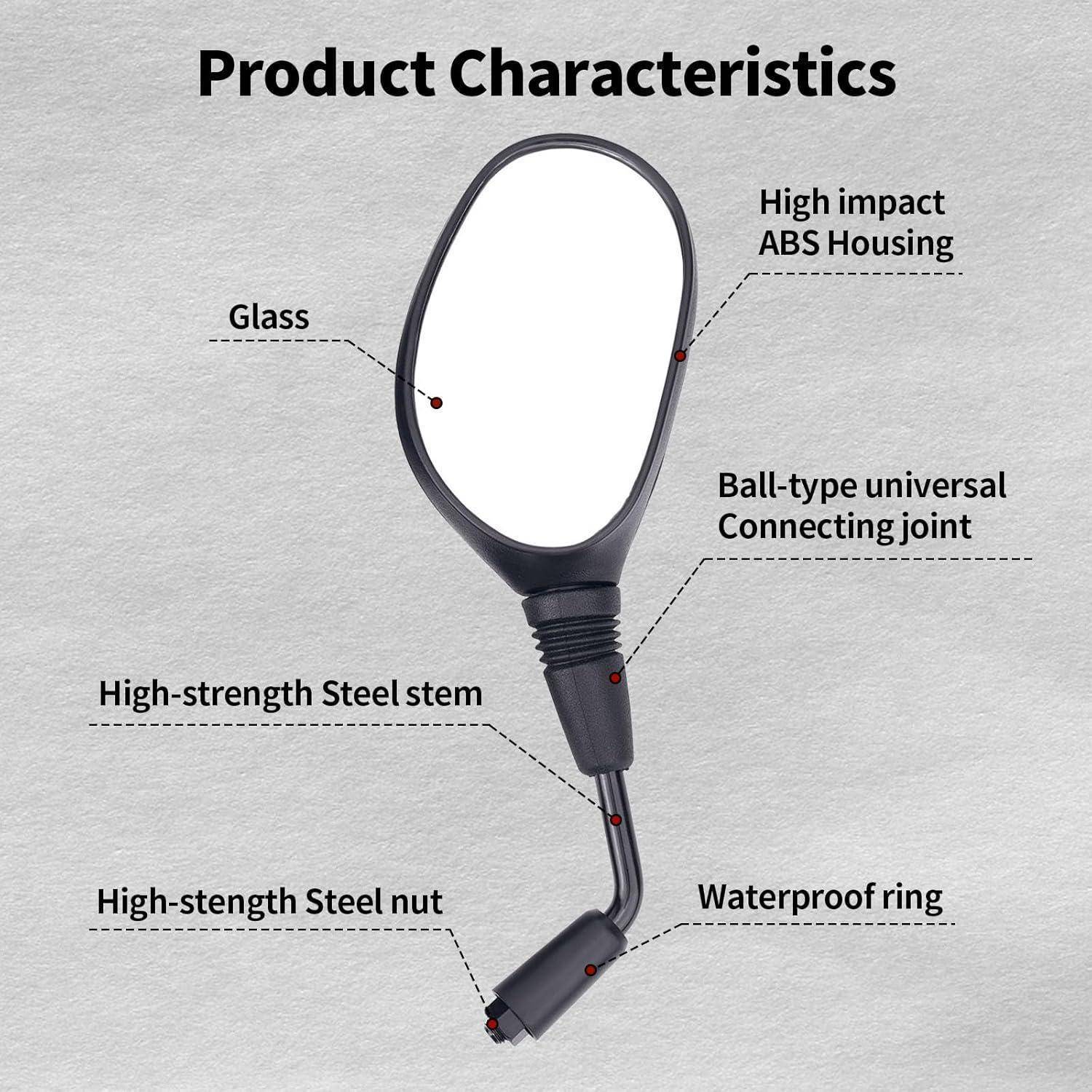 Kommentiertes Produktbild eines Motorradspiegels mit gekennzeichneten Funktionen: Glas, Gehäuse aus hochfestem ABS, Kugelgelenk mit universeller Anwendung, Stahlschaft und Mutter, wasserdichter Ring.