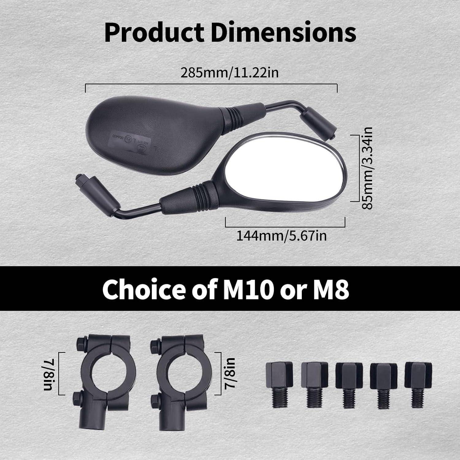 Produktabmessungen und Montagemöglichkeiten für Motorradübersetzer: Spiegelgröße 285 mm x 144 mm mit 85 mm Schaft; Auswahl zwischen M10 oder M8 Adaptern wie abgebildet.